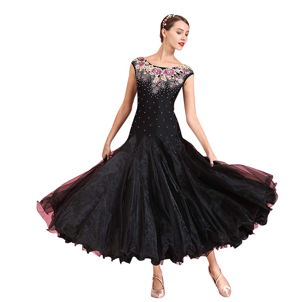 Elegant Black Ballroom Dance Dress for Women - Modern Waltz Standard Competition Gown - Perfect for Professional Dancesport Events & Social Dancing