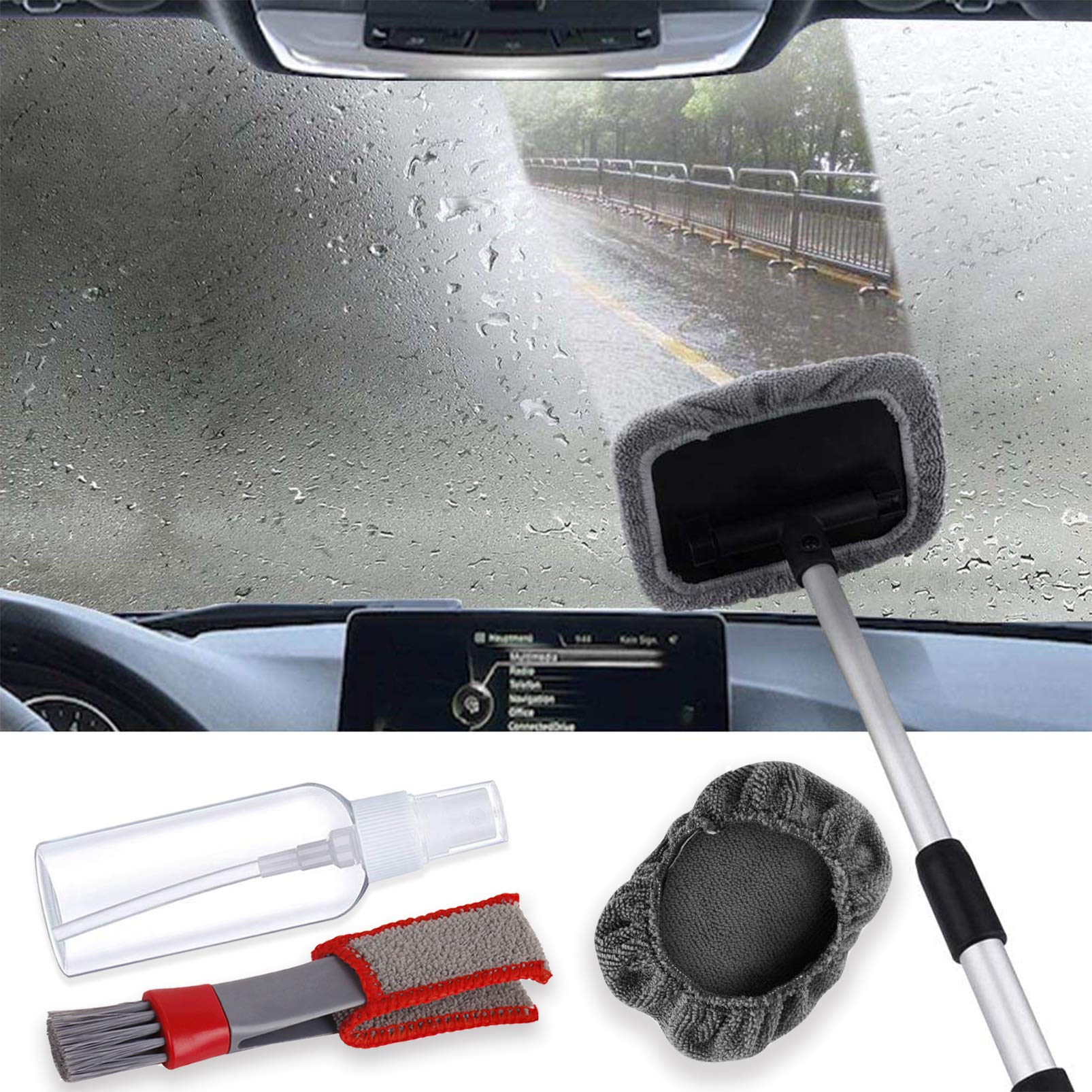 Fochutech Car Windshield Cleaner Kit - Telescopic Window Cleaning Tool with Microfiber Cloth for Auto Glass Wash - Interior & Exterior Car Cleaning Brush (Black) - Perfect for Road Trips & Winter Ice Removal