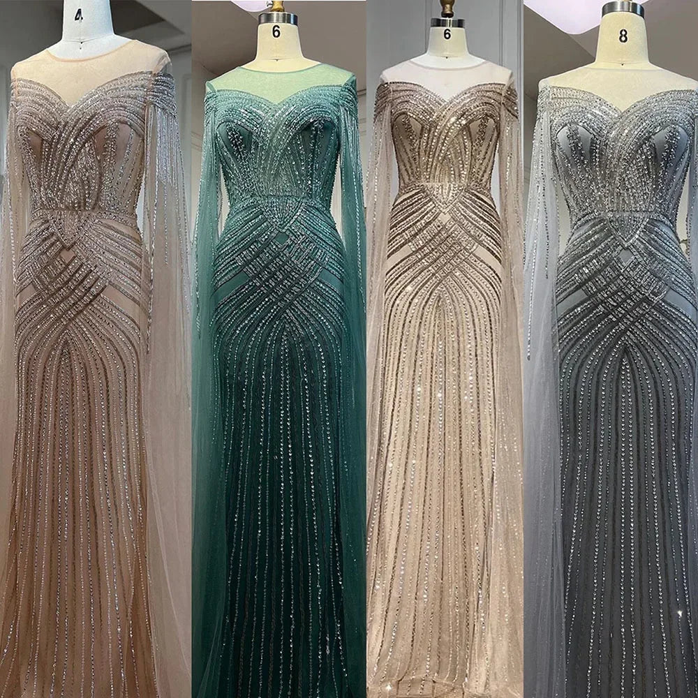 Serene Hill Luxury Nude Arabic Mermaid Evening Gown with Cape Sleeves & Beaded O-Neck - Elegant Wedding Party Dress for Women 2025 (LA72012) | Perfect for Bridal Showers, Red Carpet Events & Formal Occasions