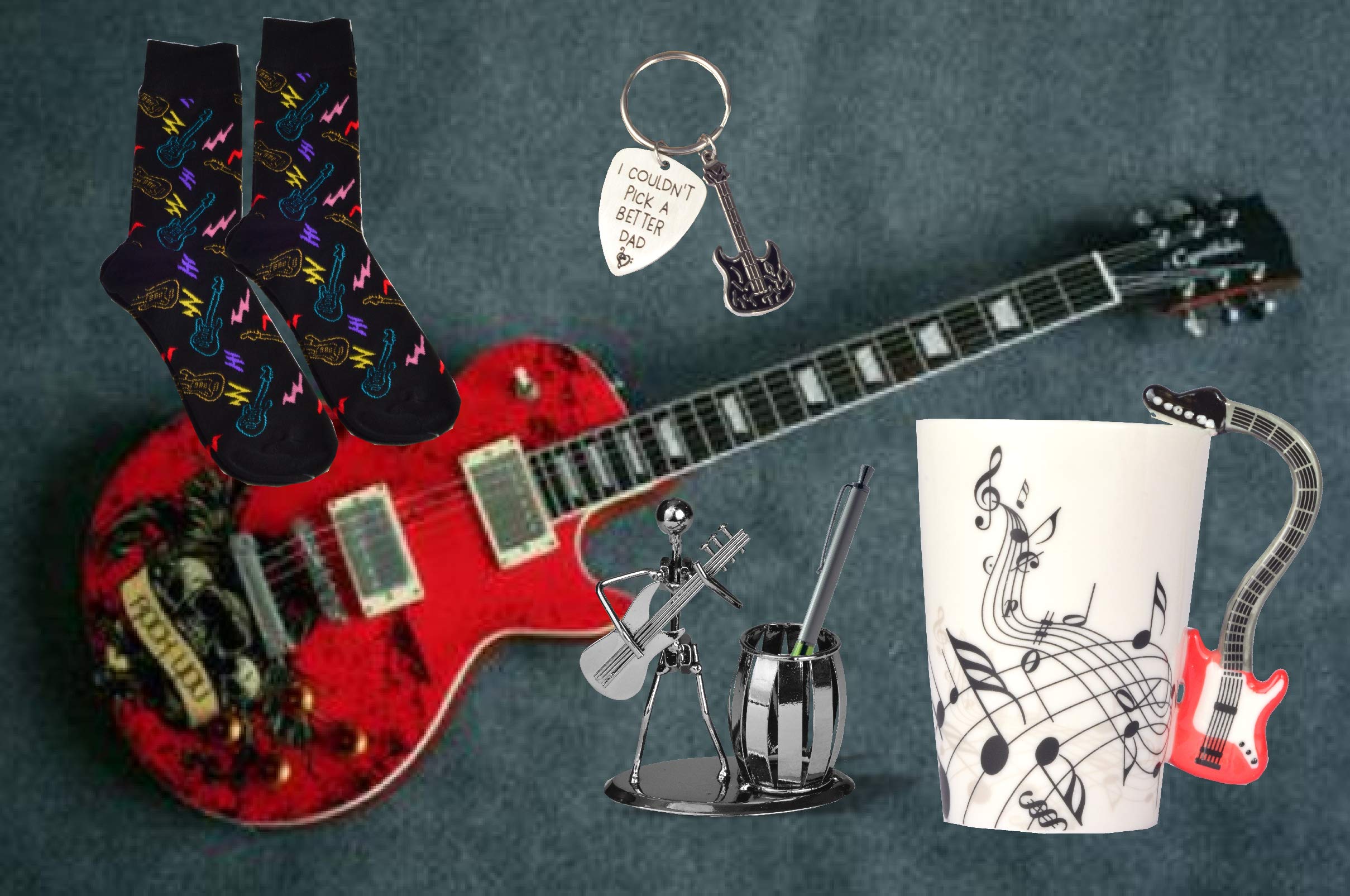 MEANT2TOBE Guitar Lover Gifts for Dad - Coffee Mug, Socks, Metal Pencil Holder & Keychain - Perfect for Father's Day, Birthday & Music Enthusiasts
