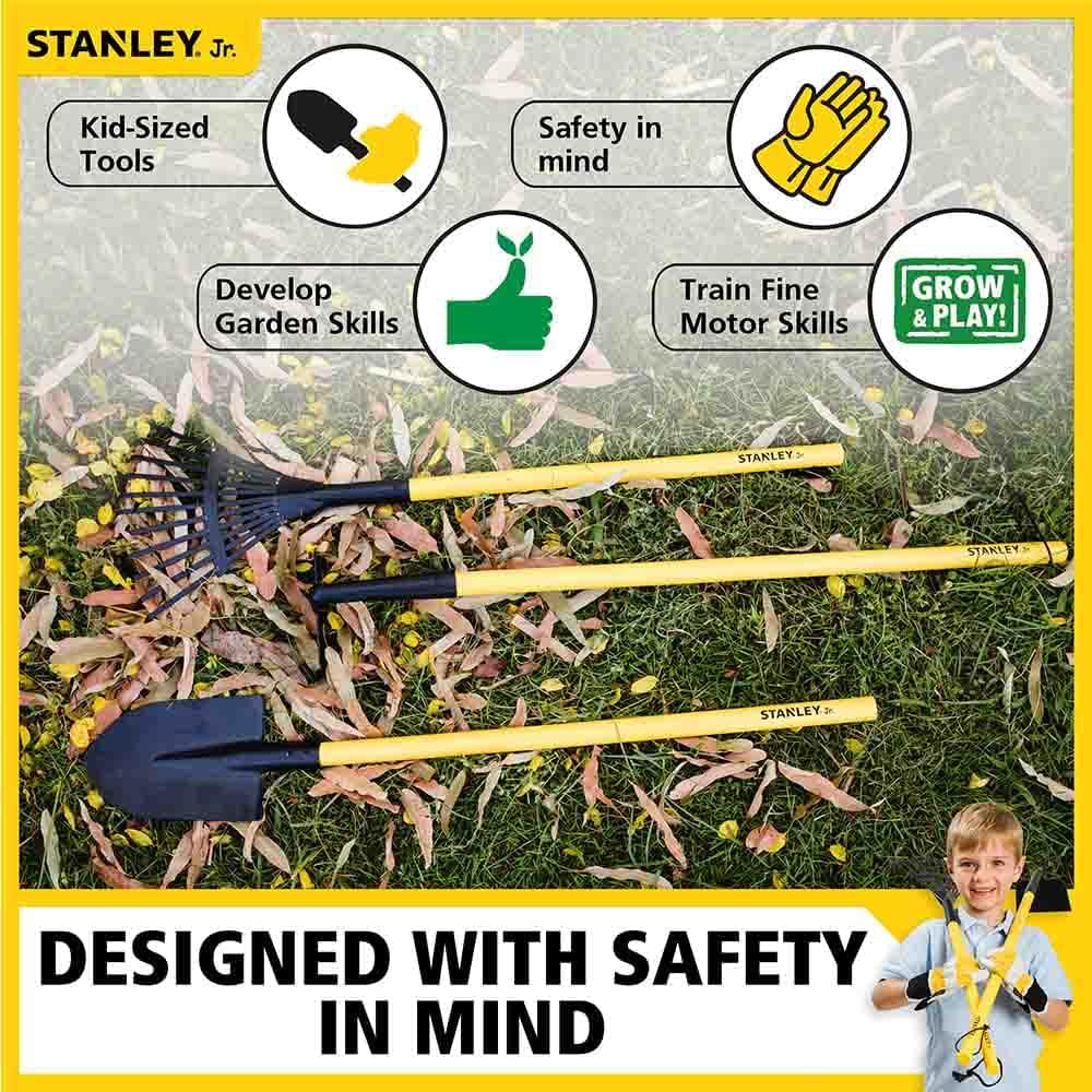 Stanley Jr. Garden Tool 3-Piece Set - Kids Garden Hoe, Leaf Rake & Shovel for Outdoor Gardening | Perfect for Children's Yard Work, Planting & Playtime Activities