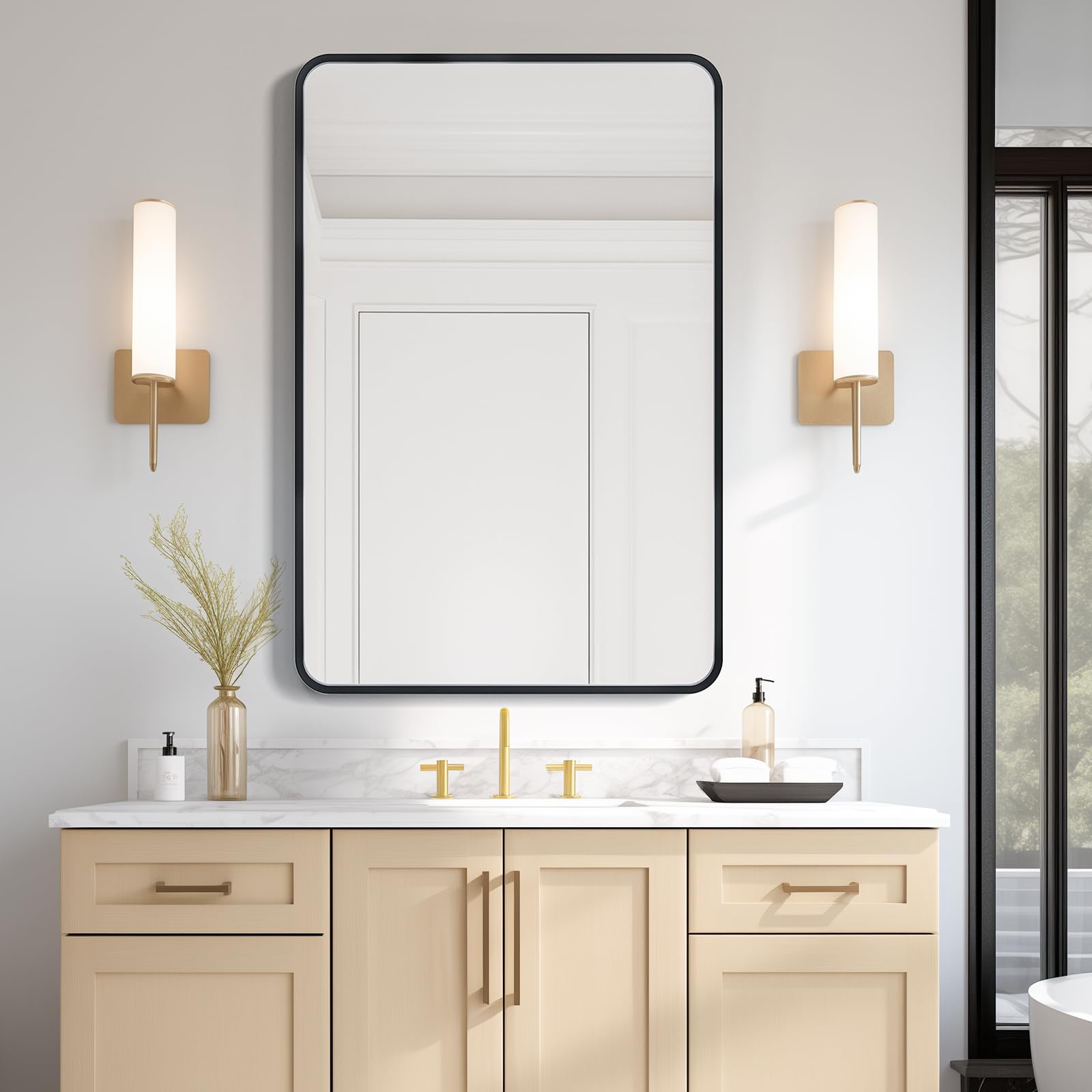 USHOWER 24x36 Inch Black Metal Frame Rectangle Bathroom Mirror - Over Sink Vanity Mirror with Wall Mount, Modern Farmhouse Style for Bathroom Decor & Makeup Area