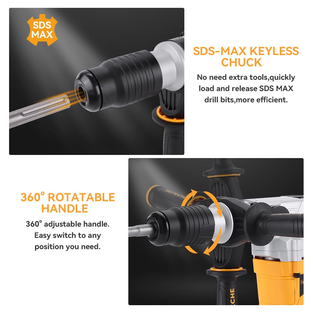 Hoteche 1-9/16-Inch SDS Max Rotary Hammer Drill - 12.5A 3-Function Heavy Duty Demolition Hammer with Drill Bit, Chisel & Carrying Case | Perfect for Concrete Drilling, Masonry Work & Construction Projects