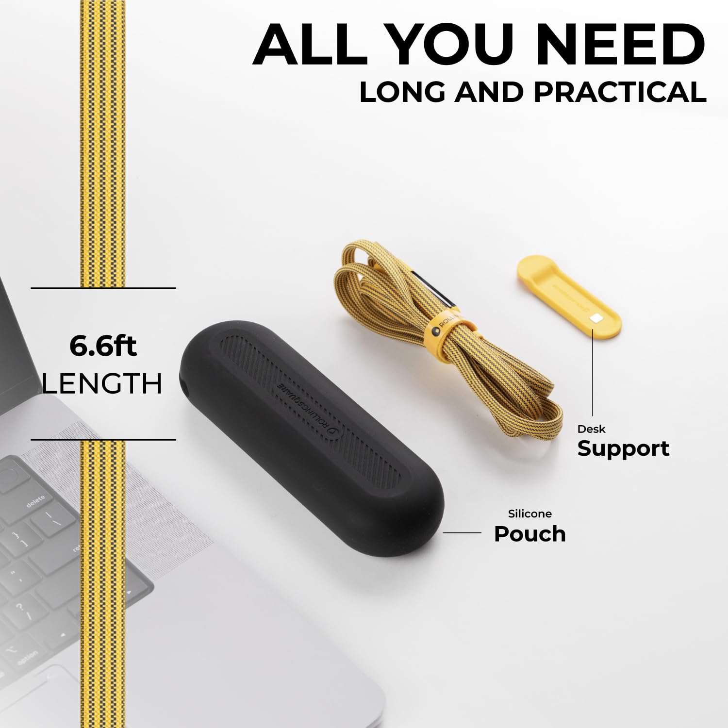 Rolling Square InCharge XL 200cm - 6-in-1 Universal Charging Cable with USB-C & Lightning Connectors | 100W Fast Charging for iPhone, Android, MacBook | Durable Yellow Cable for Home, Office & Travel