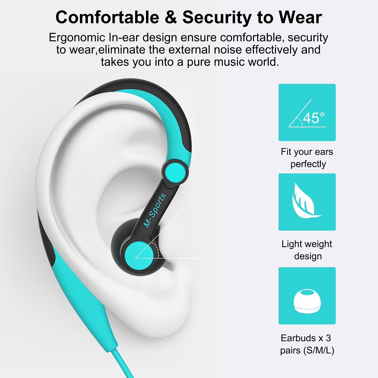 Best Wired Sports Headphones with Ear Hook for Running & Workouts - Secure Fit, 3.5mm Jack, Sweatproof (Blue) - Perfect for Gym, Jogging & Outdoor Activities