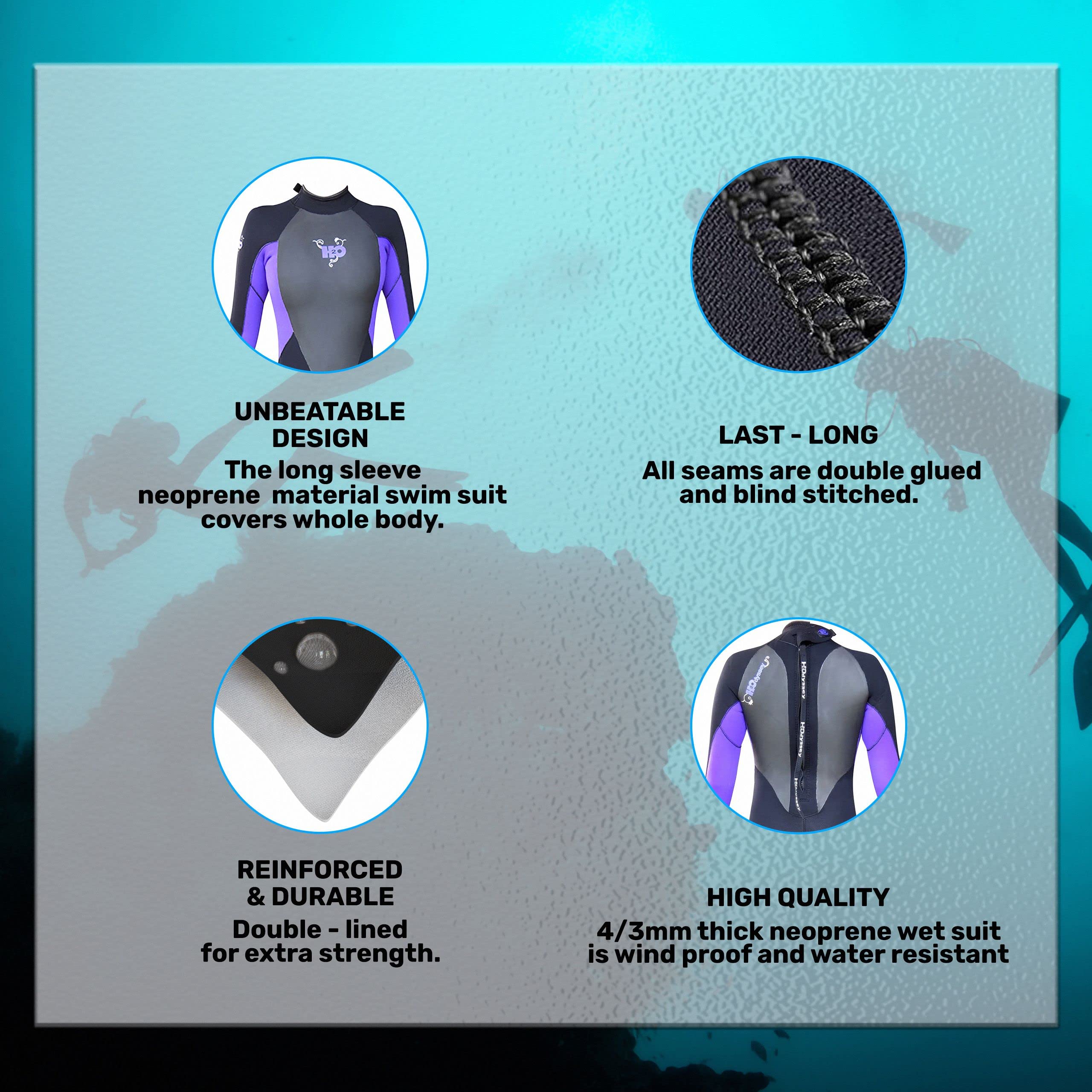 H2ODYSSEY 4/3mm Women's Momentum Back Zip Full Wetsuit - Long Sleeve Thermal Swimsuit for Surfing, Scuba Diving & Cold Water Swimming | Perfect for Surf Board, Deep Sea Diving & Winter Water Sports