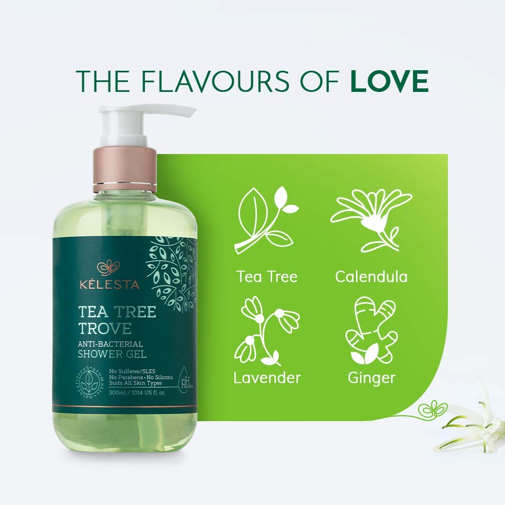 KELESTA Green Gratitude Duo - Tea Tree & Aloe Vera Body Wash & Gel Set (300ml Each) - Antibacterial, Nourishing Shower Gel with Vitamin E - Paraben, Sulfate & Silicone Free - Perfect for Sensitive Skin & Daily Hydration - Ideal for Gym, Travel & Home Spa Use