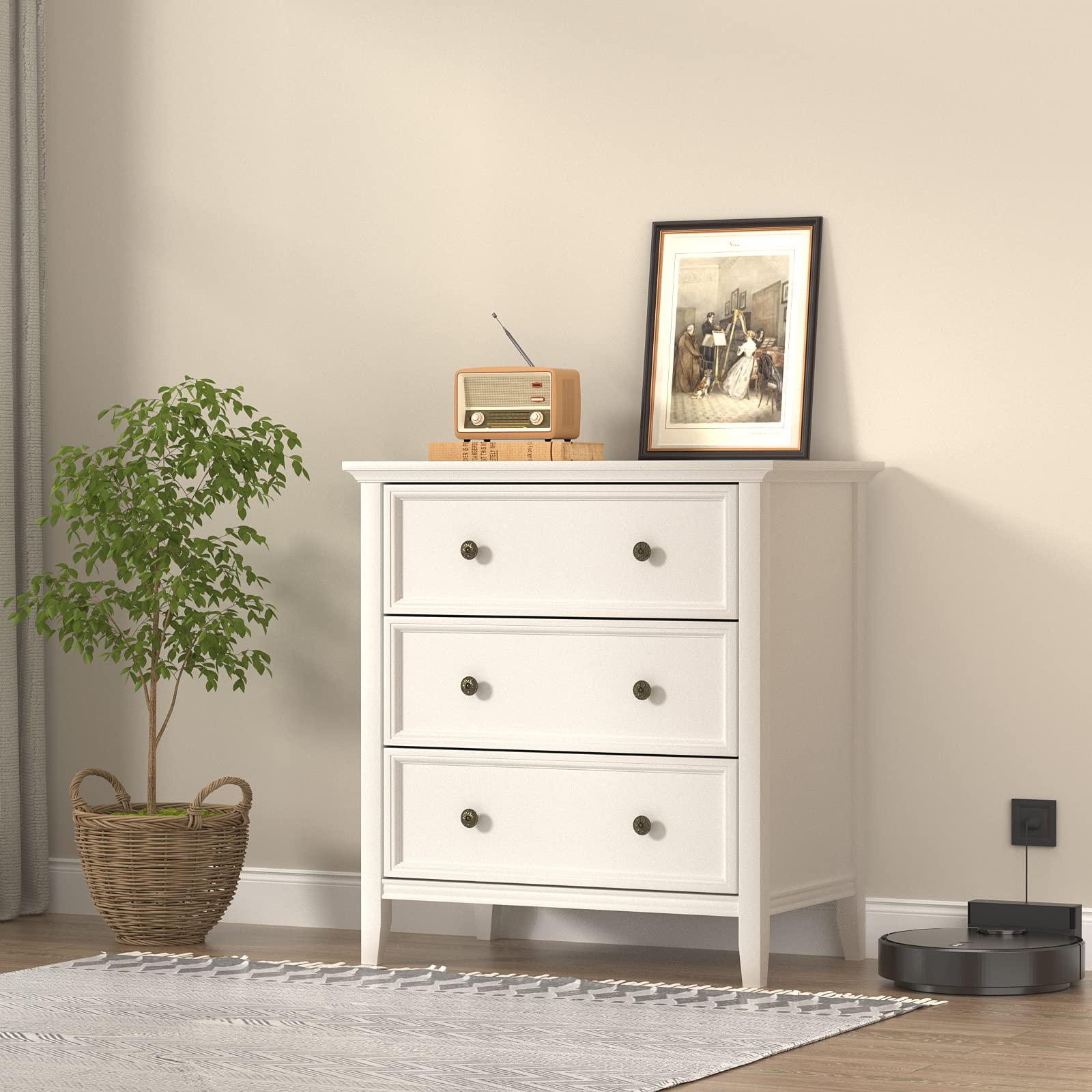 IKENO White Nightstand with 3 Drawers & USB Charging Station - Solid Wood Bedside Table with Storage Organizer for Bedroom, Living Room, or Office