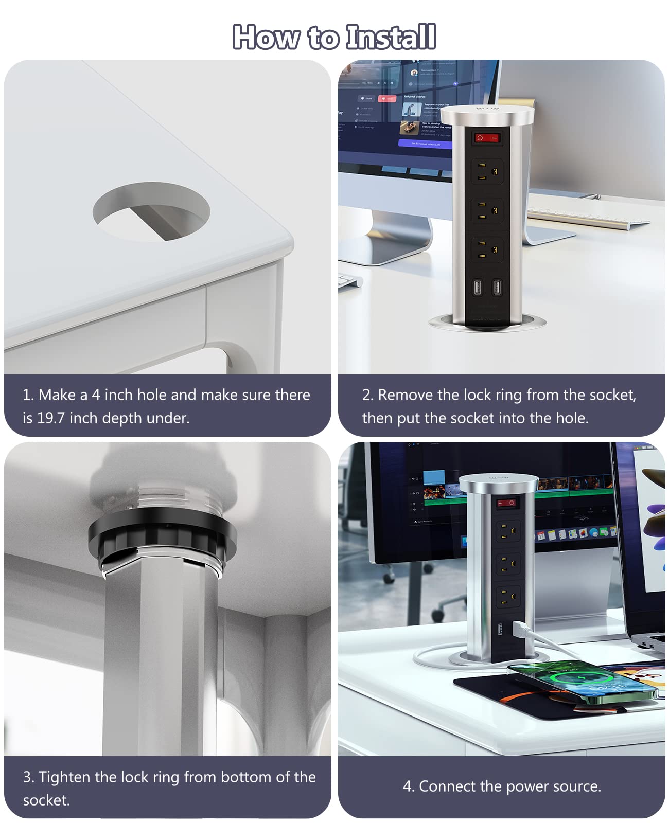 Pop Up Outlet Wireless Charger with 3 AC Outlets & 2 USB Ports - Automatic Recessed Power Outlet for Kitchen Countertop, Office Desk & Conference Room - Black | Space-Saving Charging Solution for Home & Work