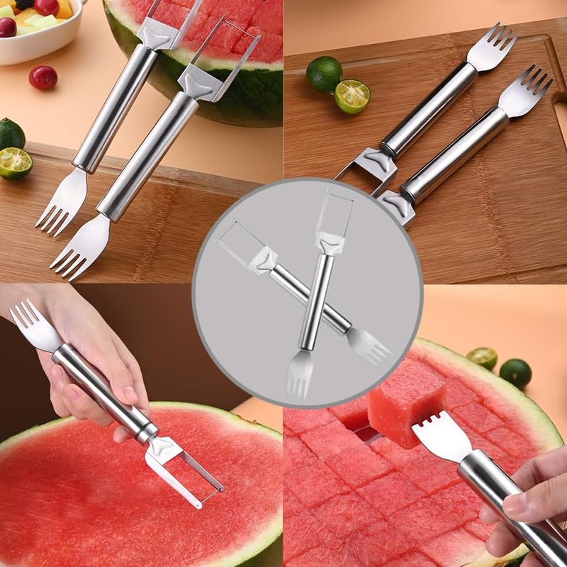 2024 Upgraded 2-in-1 Stainless Steel Fruit Cutter - Dual Head Watermelon Slicer & Fork Set for Kitchen, BBQ, Picnic (3-Piece Summer Fruit Cutting Tool for Home, Camping & Outdoor Parties)