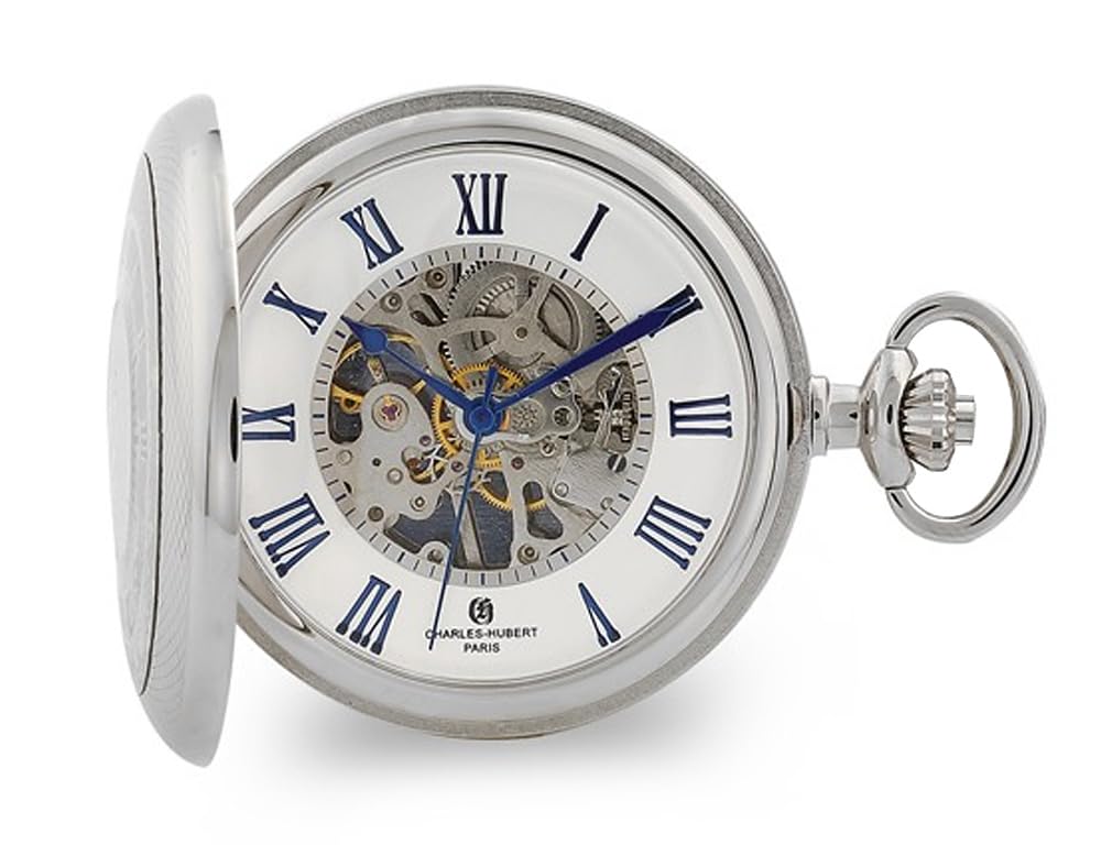 Charles Hubert Chrome Open Window Case Pocket Watch - 50mm Antique Style Mechanical Wristwatch for Men - Perfect for Vintage Fashion, Collectors & Special Occasions