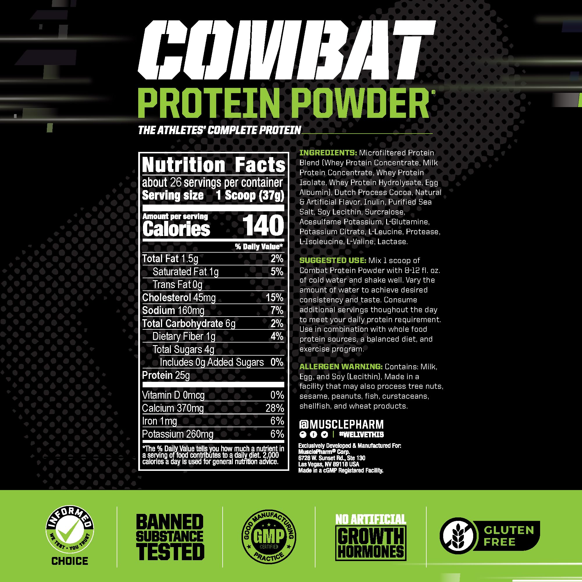 MusclePharm Combat Protein Powder - Chocolate Milk Flavor | 5 Protein Sources (Whey Isolate & Egg Albumin) | Gluten Free Muscle Recovery Supplement | 2lb (26 Servings) | Ideal for Post-Workout Recovery & Muscle Growth