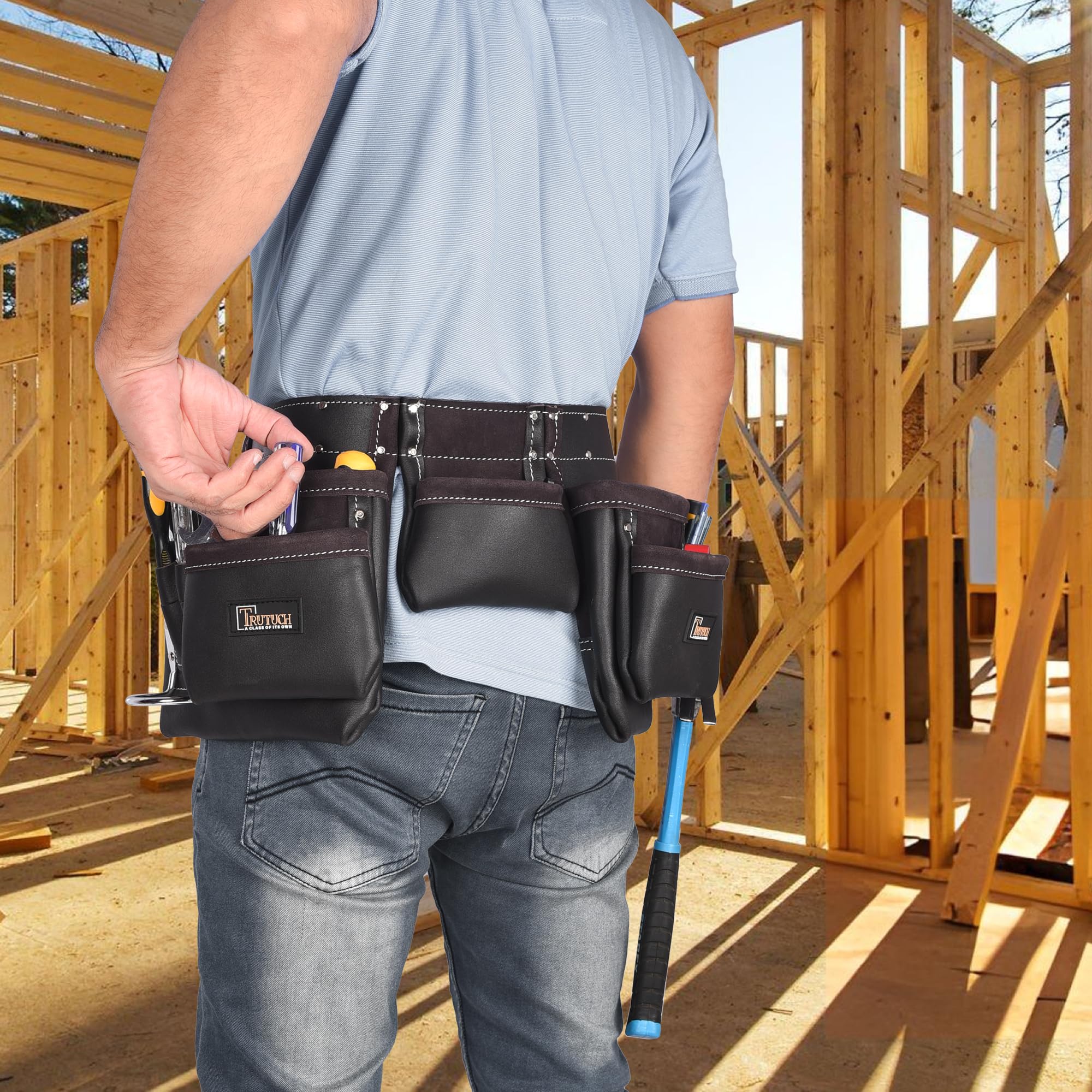 Premium Chocolate Brown Leather Tool Belt for Men - 11-Pocket Carpenter Tool Bag with Durable Tool Pouch | Ideal for Handyman, Construction, Framing, Electricians & Drywall Work | Heavy-Duty Work Belt for Professionals & DIY Projects