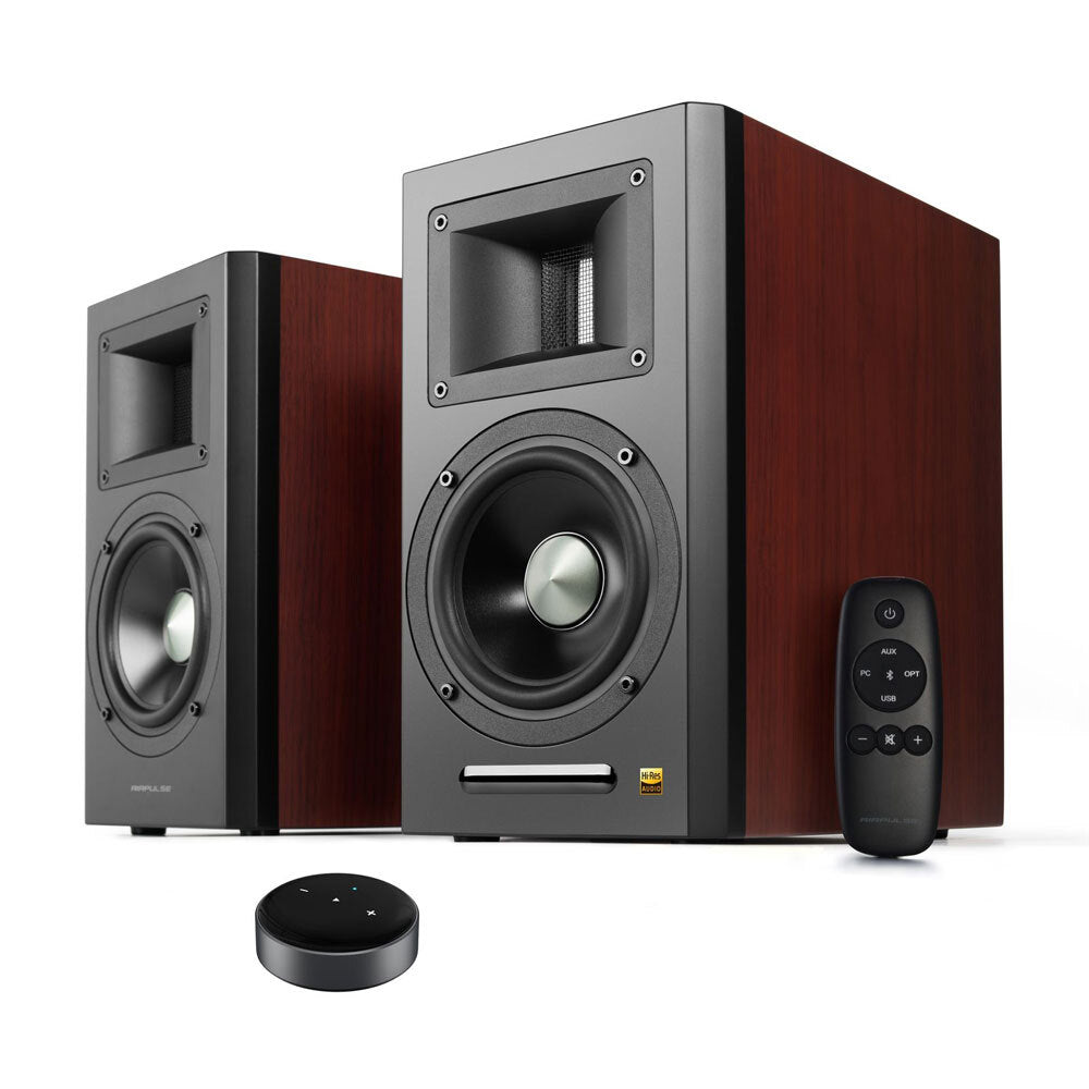 Airpulse A100 Active Wireless Bluetooth Bookshelf Speakers with WiiM Mini Streamer - Premium Cherry Wood Finish | Perfect for Home Theater, Gaming & Music Listening