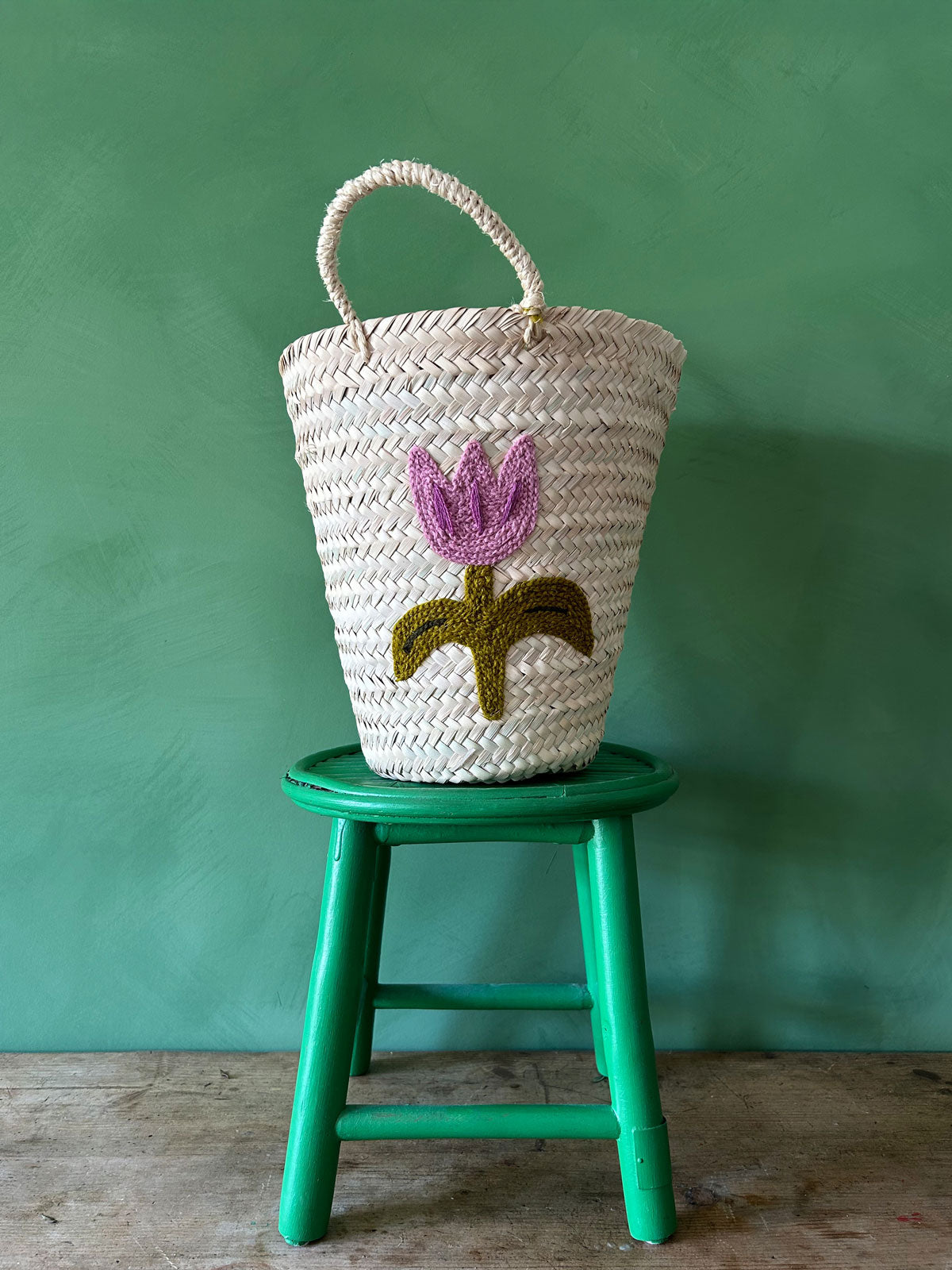Handmade Embroidered Tulip Bucket Basket - Boho Home Decor, Picnic & Beach Accessory, Perfect for Storage, Laundry & Gift Giving