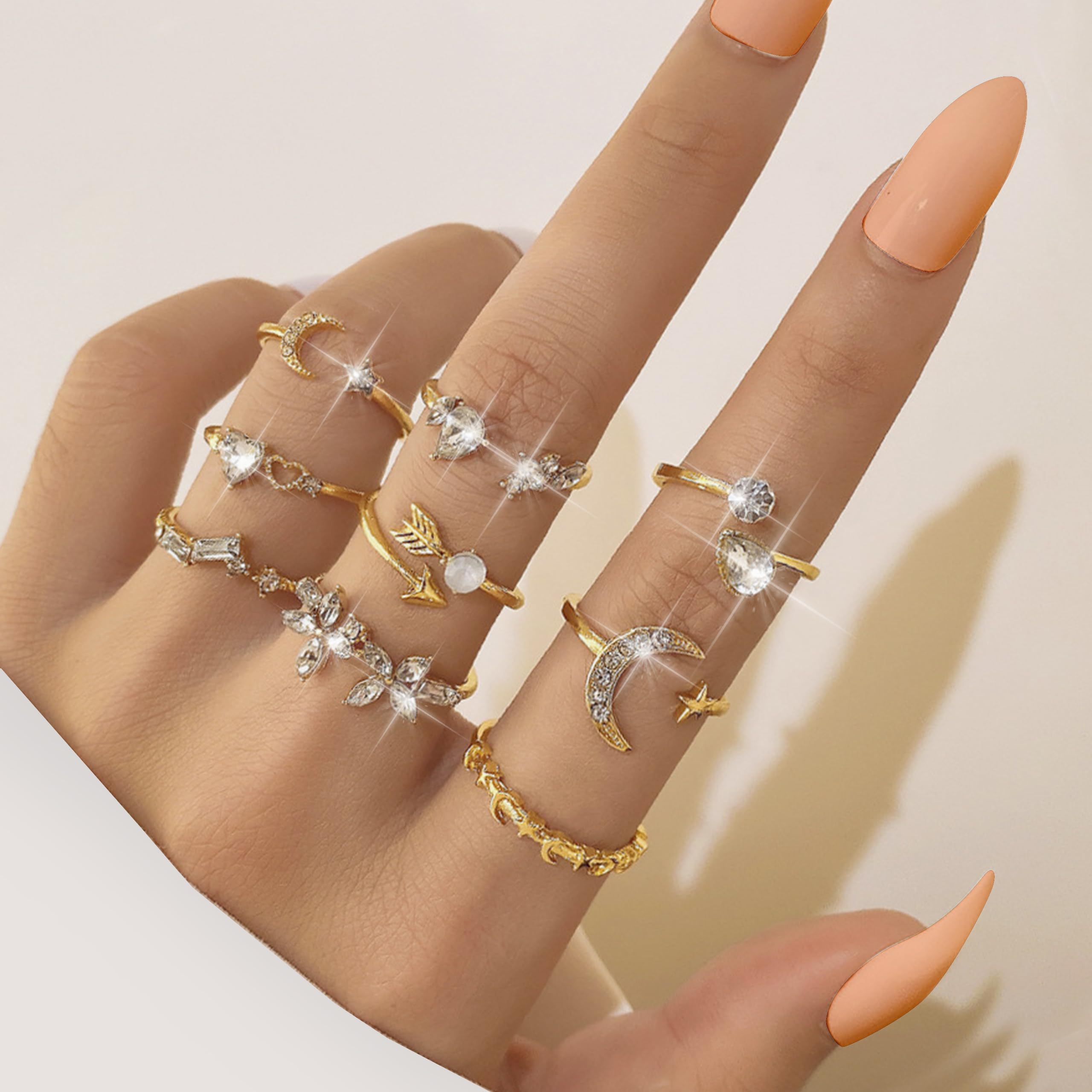 Trendy Gold Stackable Rings for Women - Boho Star Moon Heart Knuckle Rings Set - Elegant Jewelry Gift Pack for Birthday, Easter Basket Stuffers - Perfect for Layering & Everyday Wear