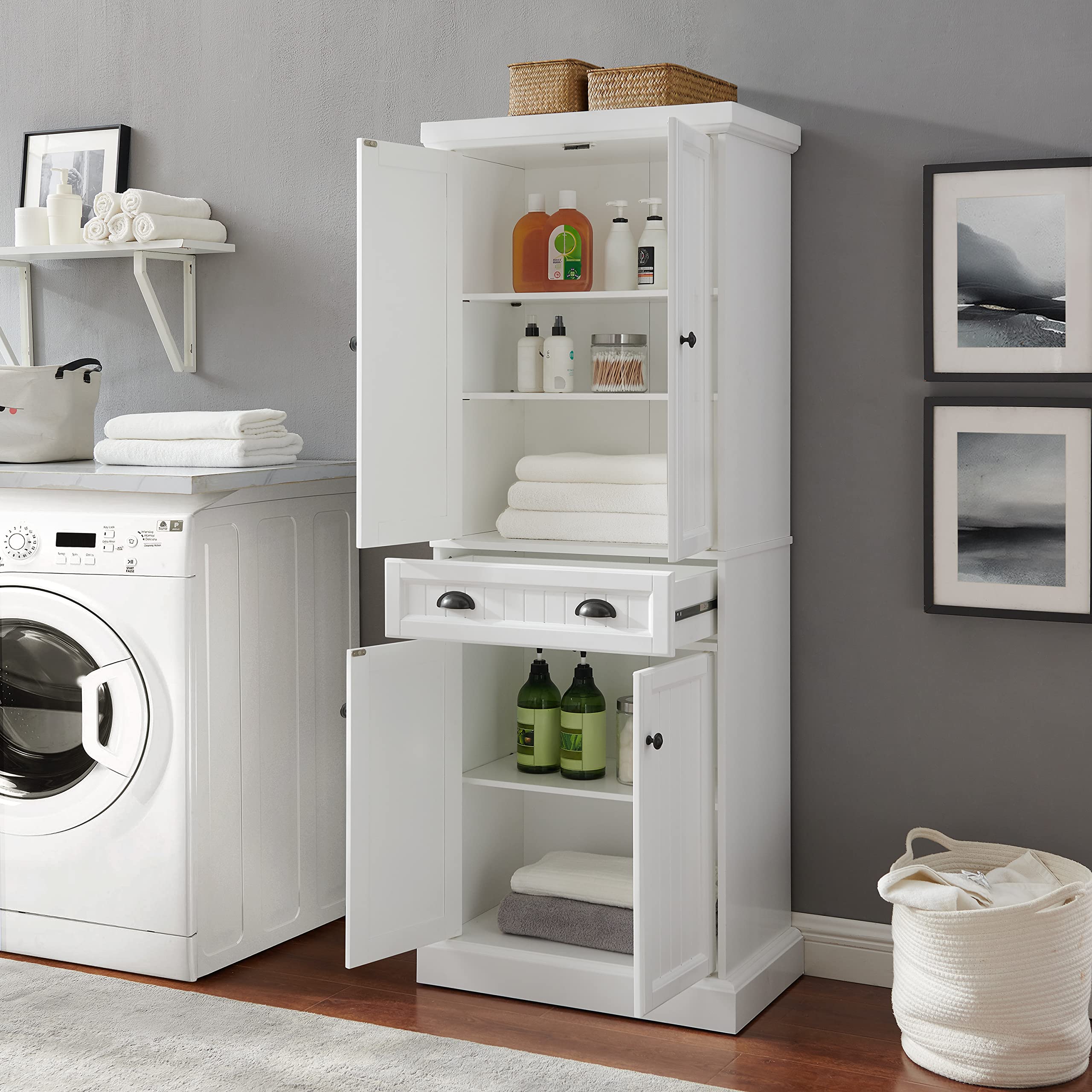 Crosley Shoreline Coastal Pantry Storage Cabinet with Adjustable Shelves - White Kitchen, Dining & Laundry Room Organizer for Home Storage Solutions