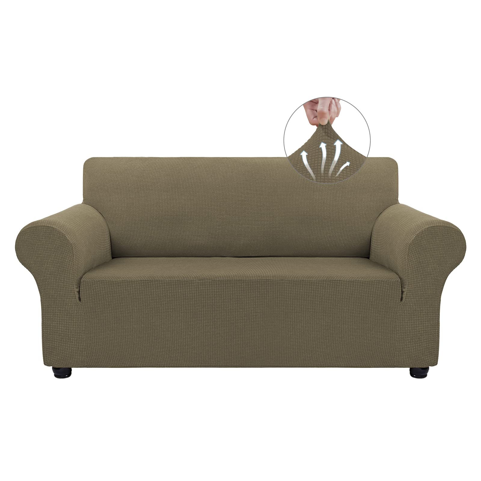 Stretchable 2-Cushion Loveseat Sofa Slipcover - Pet-Friendly Jacquard Spandex Fabric with Small Checks (Medium, Khaki) | Perfect for Living Room, Apartment & Pet Protection