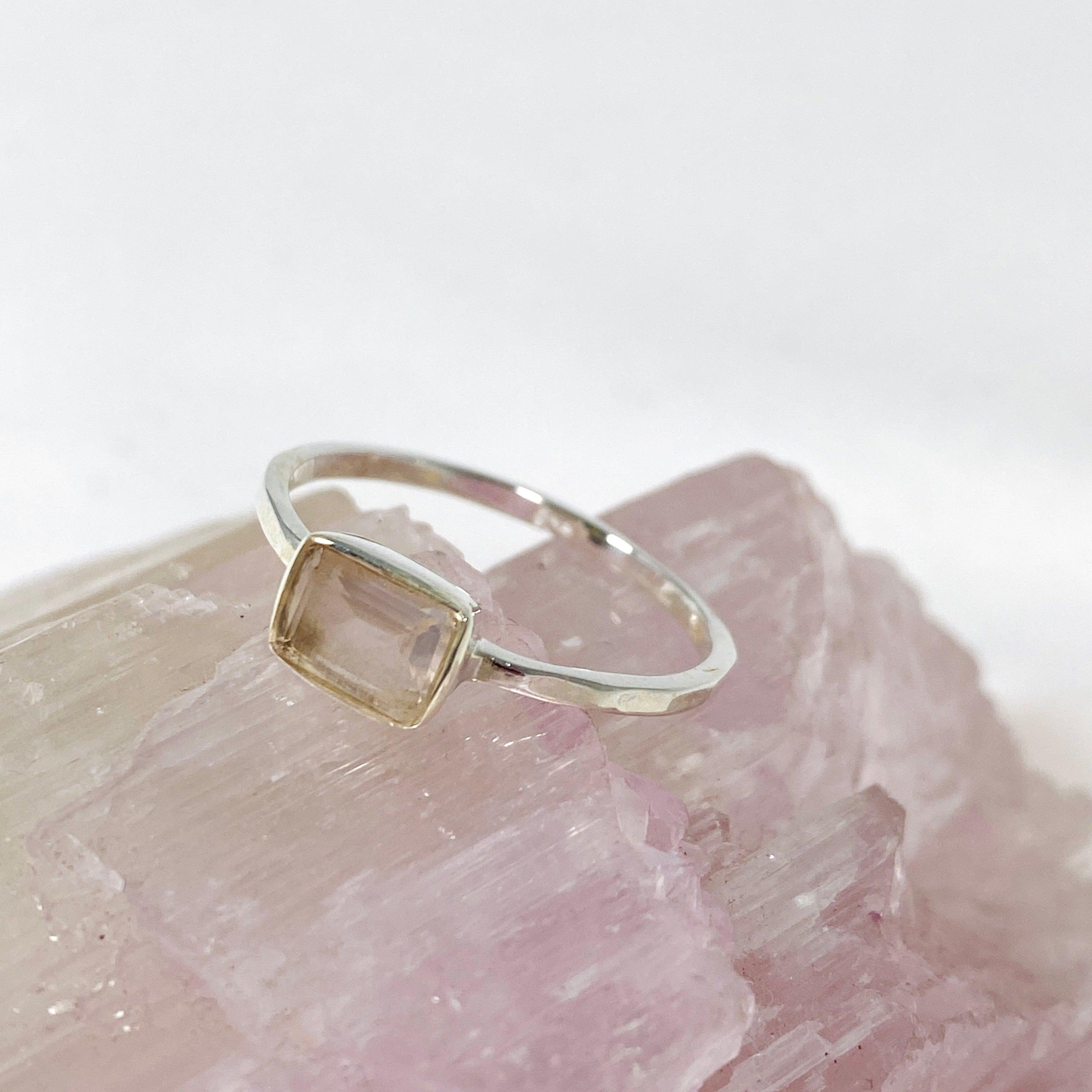 Rose Quartz Rectangular Faceted Fine Band Ring - Dainty Stackable Gemstone Jewelry for Women - Perfect for Everyday Wear, Gift Giving & Special Occasions