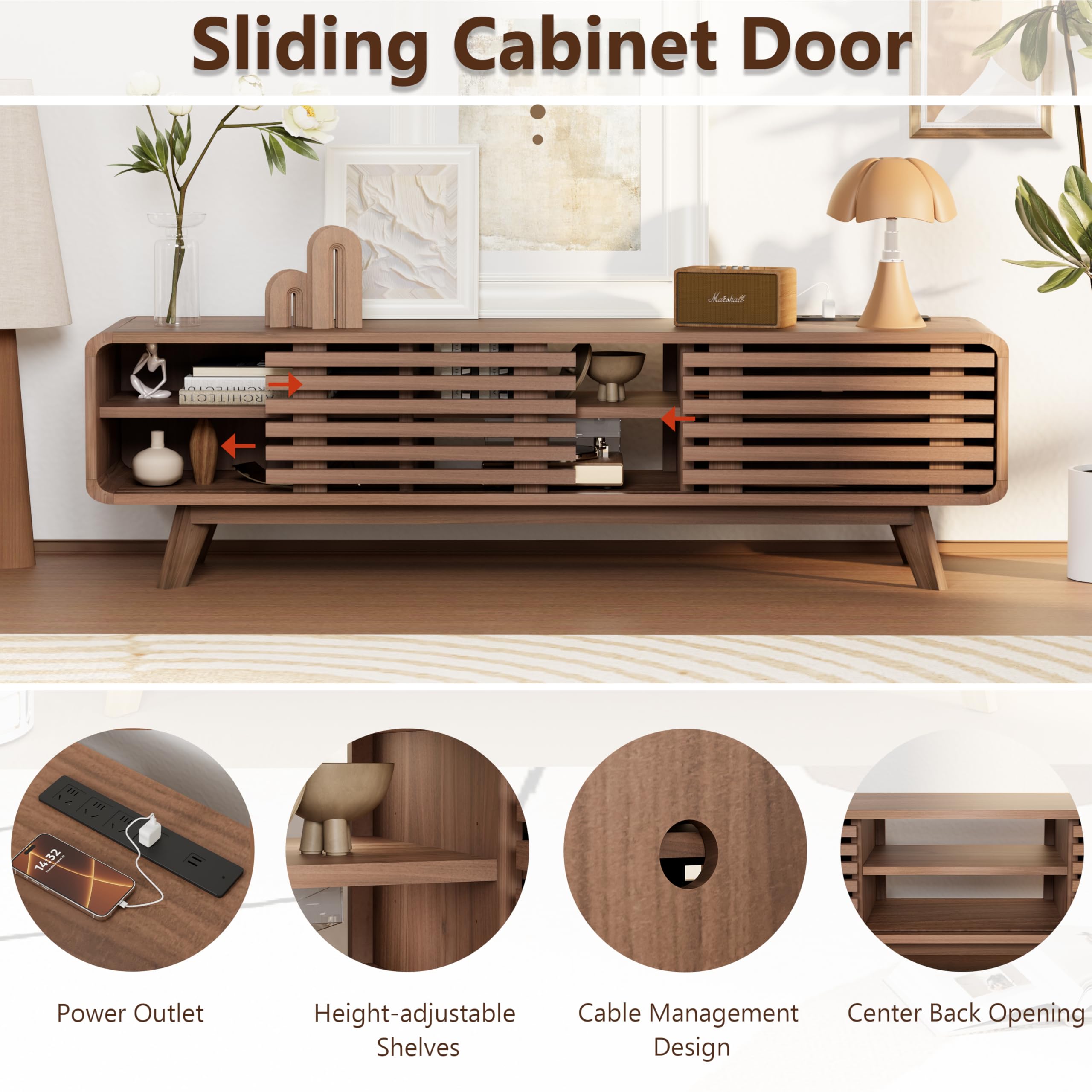 Modern TV Stand for Living Room - Large Entertainment Center with Slatted Sliding Doors, Open Shelves & Built-in Power Outlet - Rustic Reddish Brown Media Console Cabinet - Perfect for Home Theater Setup & Living Room Organization