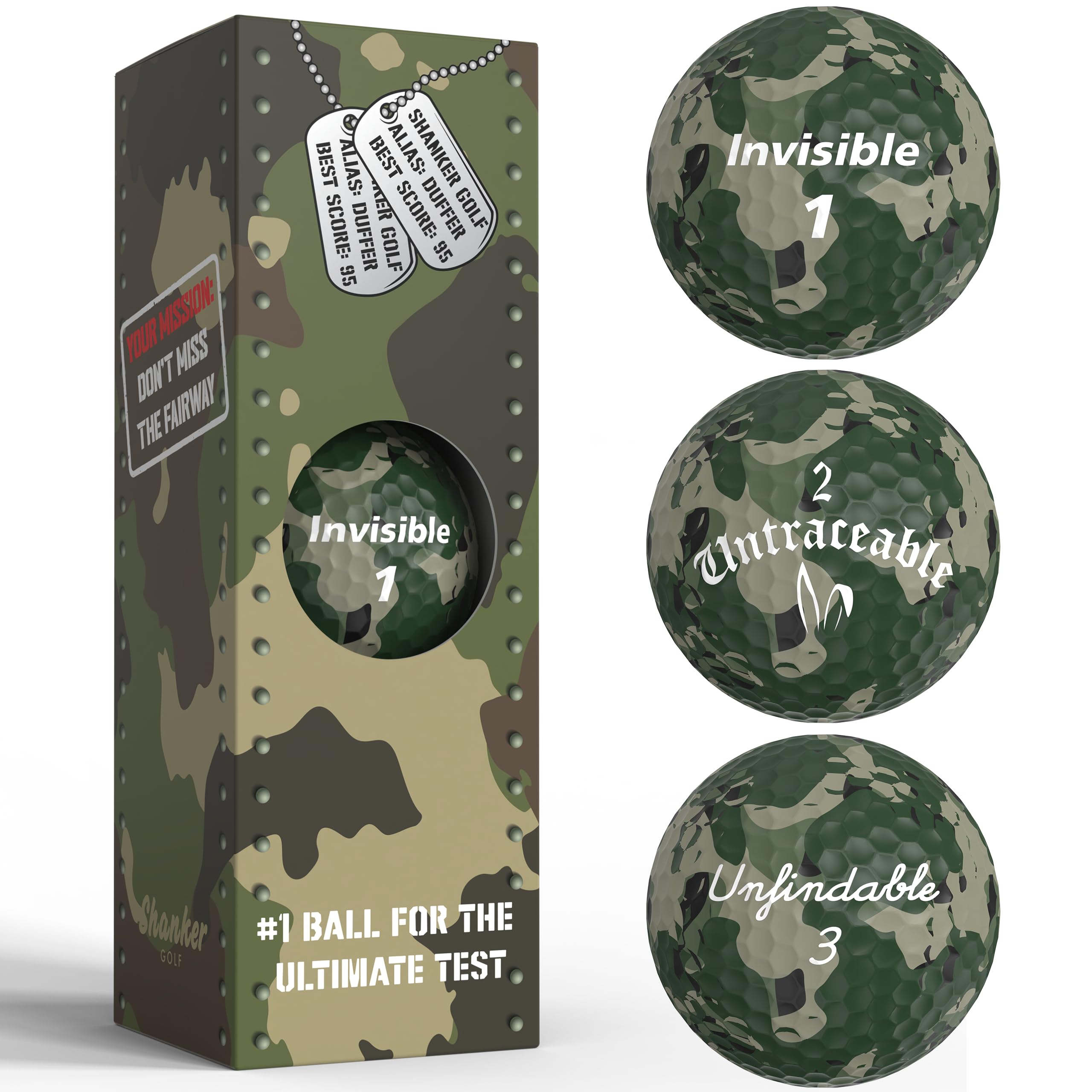 Shanker Camo Golf Balls 3 Pack - Funny Camouflage Golf Balls with Humorous Sayings - Best Prank Gift for Golfers - Novelty Golf Challenge Balls - Perfect for Pranks, Gag Gifts & Golf Tournaments