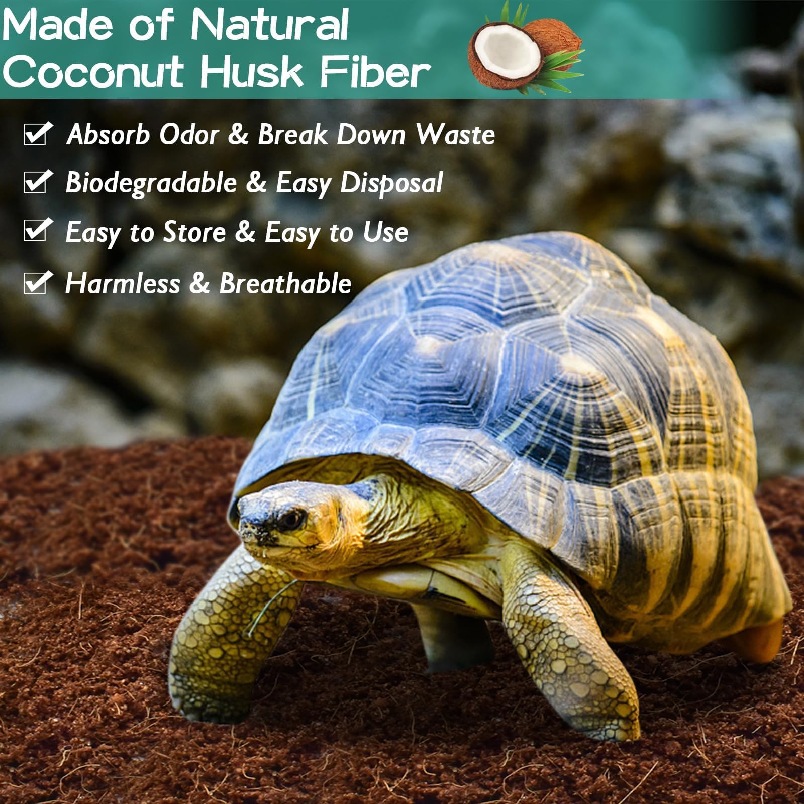 Premium 4-Pack Coconut Fiber Substrate - 100% Natural Coco Coir for Reptile Tanks, Terrariums & Aquariums | Ideal for Tortoise Habitats, Bearded Dragons, Leopard Geckos, Snakes, Tarantulas, Worm Bins & Hermit Crabs | Perfect Moisture Retention & Odor Control for Healthy Pets