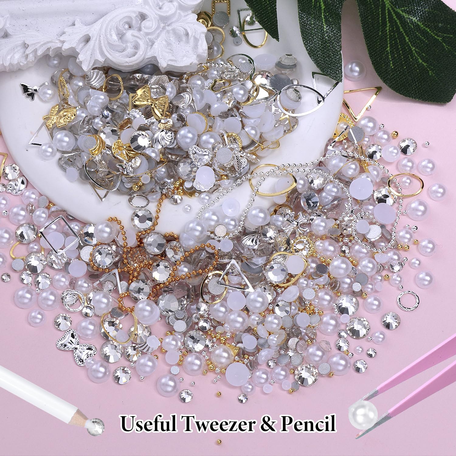 Premium White Nail Rhinestones & Pearls - Gold Silver Bow Heart Studs for Nail Art, 2-5mm Half Round Flatback Metal Caviar Beads - Perfect for DIY Manicures, Salon Nail Designs & Professional Nail Art Supplies