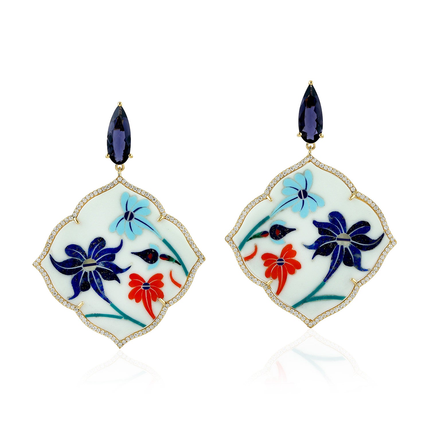 18K Yellow Gold Lolite Diamond Bakelite Dangle Earrings for Women - Perfect for Weddings, Parties & Special Occasions