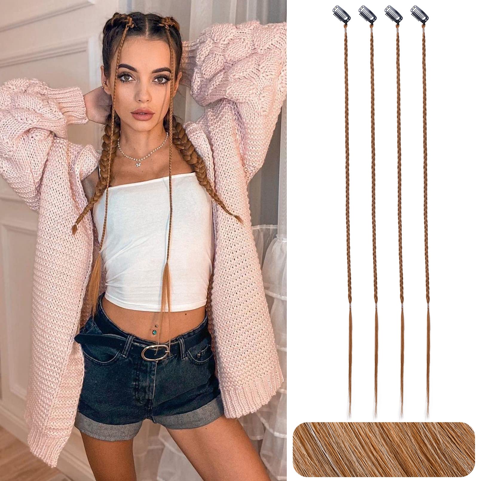 4 PCS HOOJIB Braided Hair Extensions - 20 Inch Ginger Clip-in Baby Braids for Women | Natural Soft Synthetic Hair for Front Side Bangs & Curtain Bangs | Perfect for Daily Wear, Parties & Cosplay