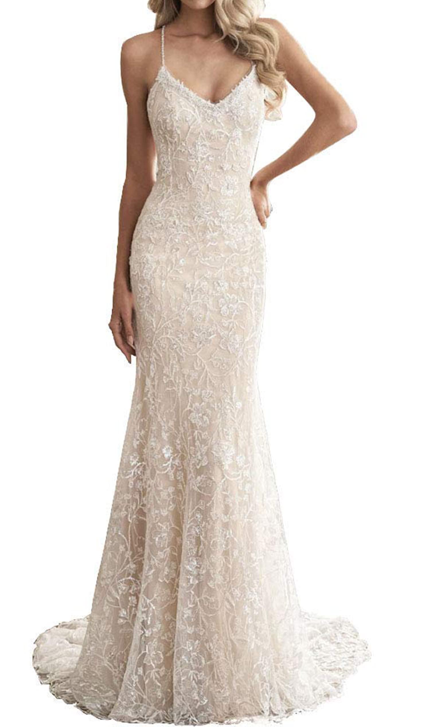 Elegant Spaghetti Strap Beach Wedding Dress with Beaded Lace Appliques - Romantic Bride Gown for Destination Weddings & Beach Ceremonies