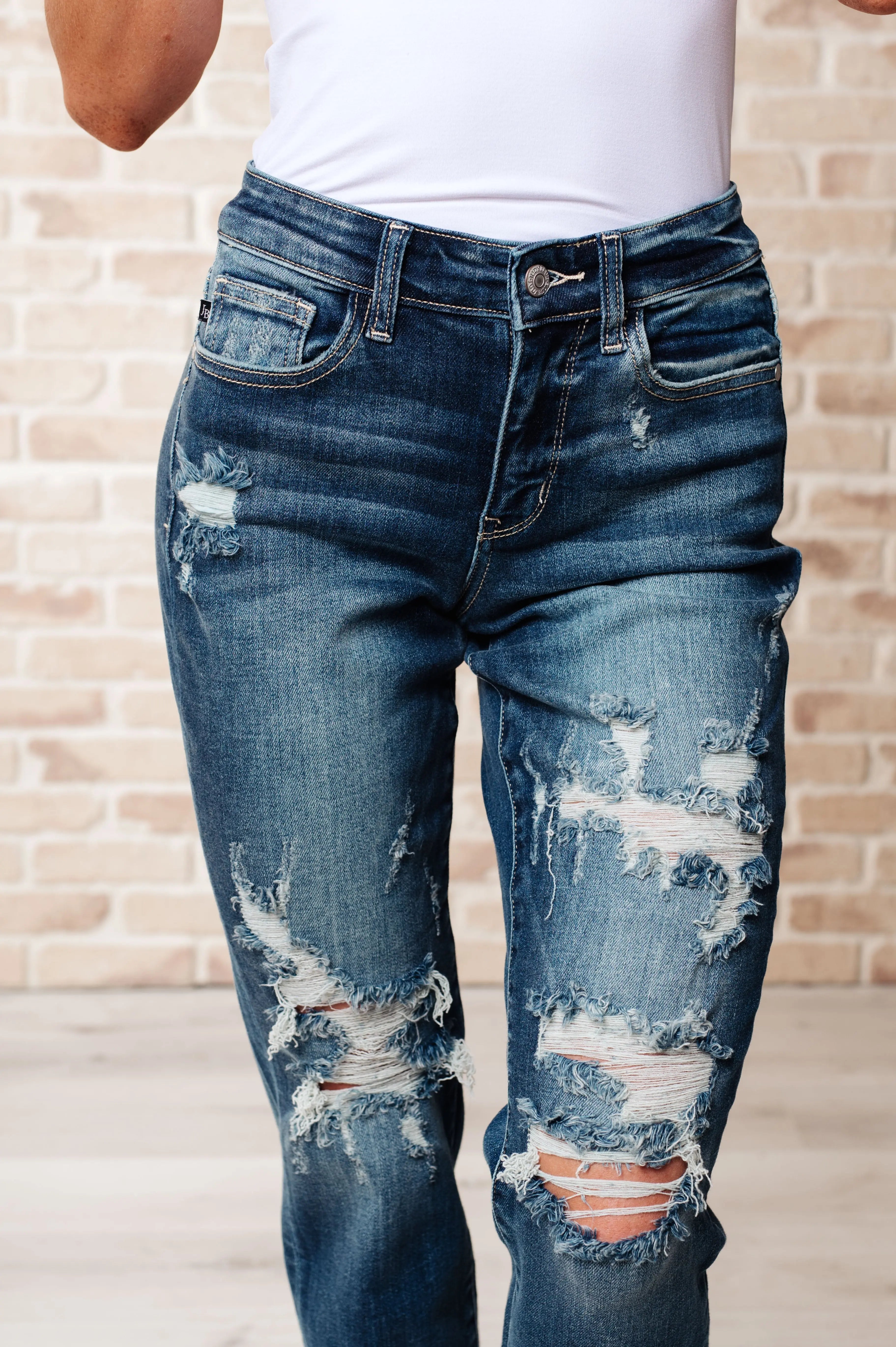 Danny Mid Rise Cuffed Destroyed Boyfriend Jeans for Women - Distressed Denim Pants with Comfortable Stretch - Perfect for Casual Outings, Street Style & Everyday Wear