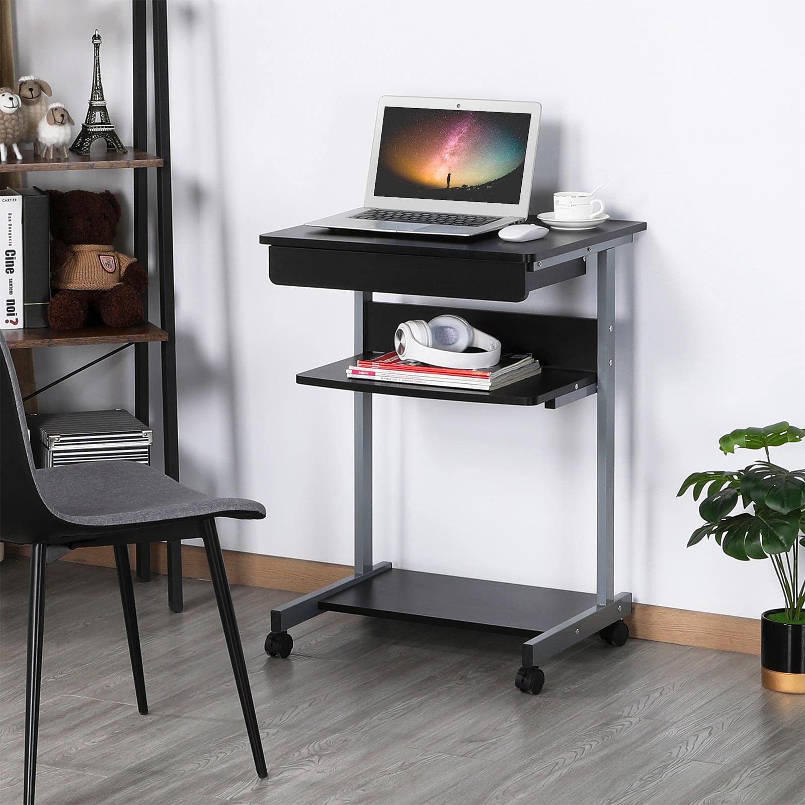 Topeakmart Mobile Compact Computer Desk Cart with Wheels - Small Space Workstation, Writing Desk with Drawers & Printer Shelf | Ideal for Home Office, Dorm Room, and Small Apartment Workspaces