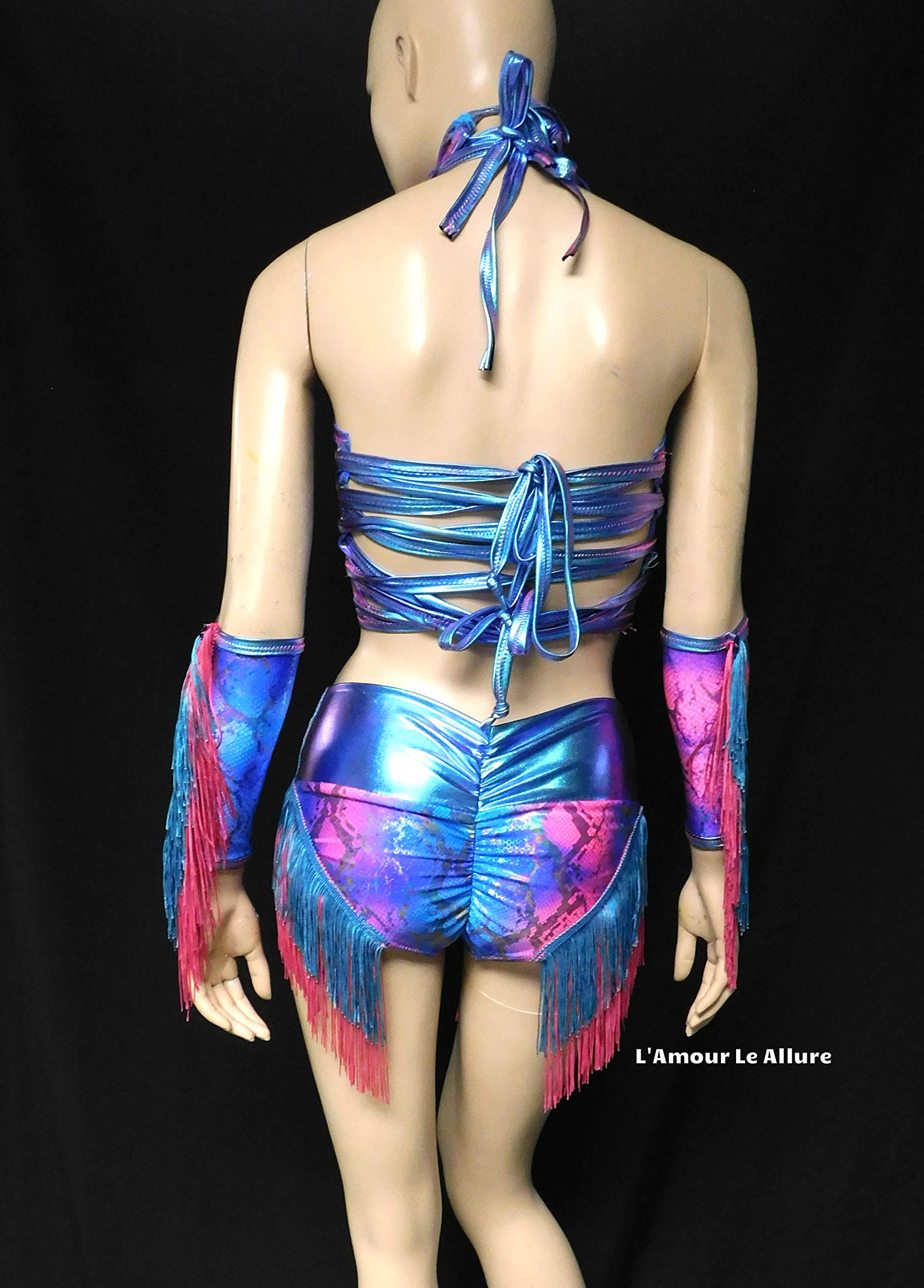 Blue & Pink Holographic Fringe Snake Print Cowgirl Outfit - Halter Top & High Waist Scrunchie Shorts Set for Music Festivals, Rodeo Parties & Western Fashion