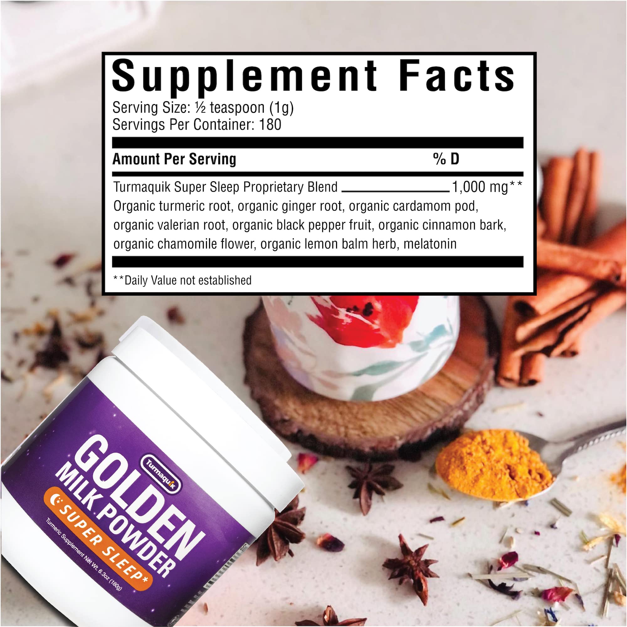 Organic Golden Moon Milk Turmeric Powder Mix with Melatonin & Superfoods – Sleep Aid with Valerian, Chamomile, Lemon Balm, Ginger & Spices | Relaxing Nighttime Drink for Stress Relief & Better Sleep