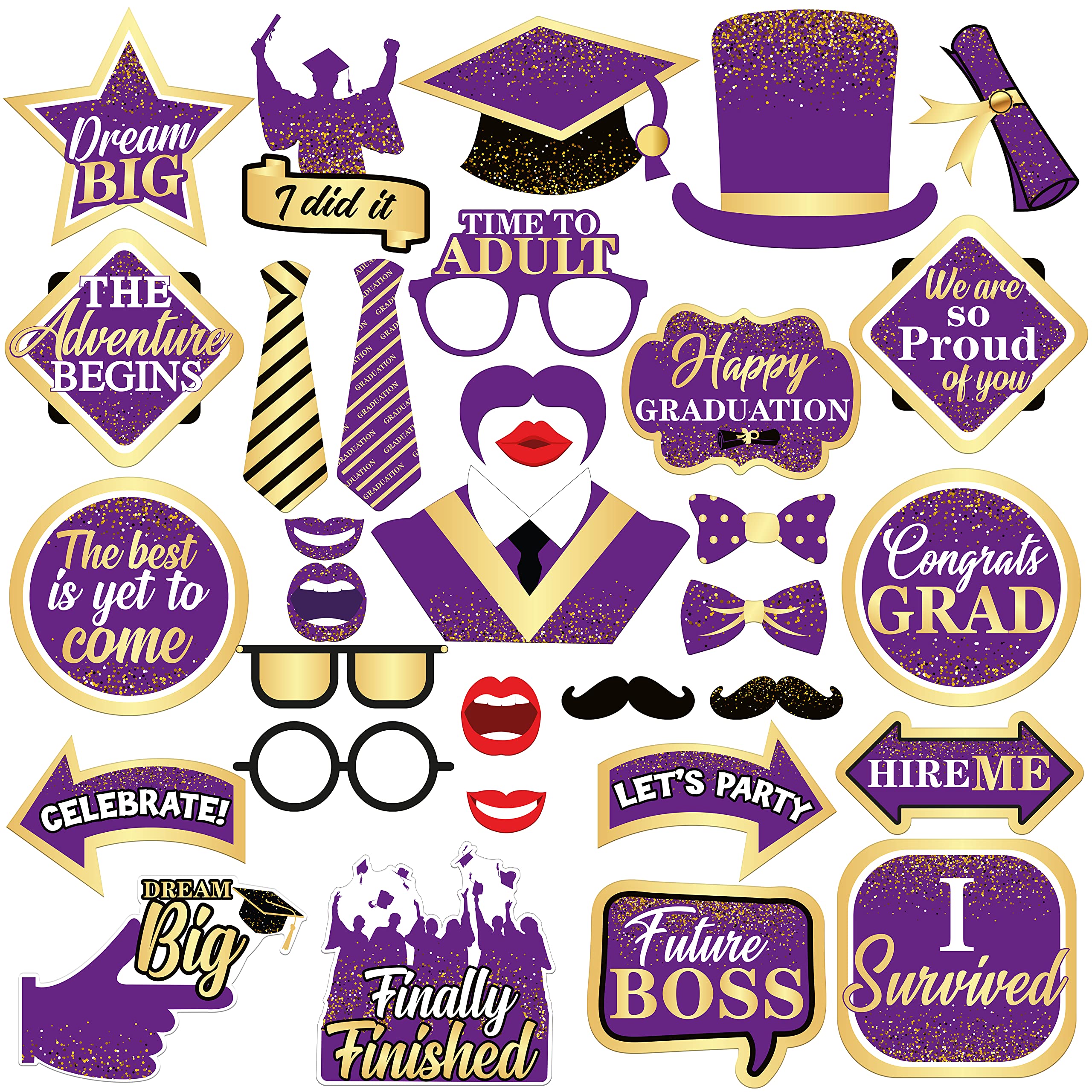 2025 Graduation Photo Booth Props - 33-Piece Purple & Gold Grad Photo Shoot Decorations | Class of 2025 Party Supplies for Graduation Ceremony, Senior Pictures & Celebration Backdrops