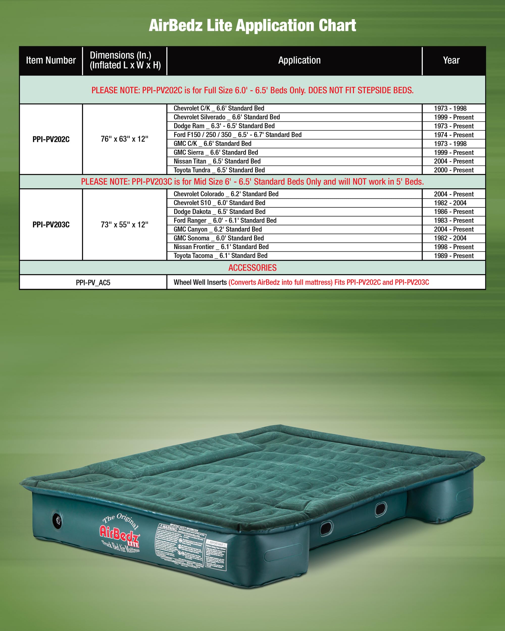 Pittman Tacoma Truck Bed Air Mattress 6.5ft - Original Lite Airbedz for Mid Size Pickup Trucks | 25% More Coverage | Perfect for Camping, Road Trips & Outdoor Adventures