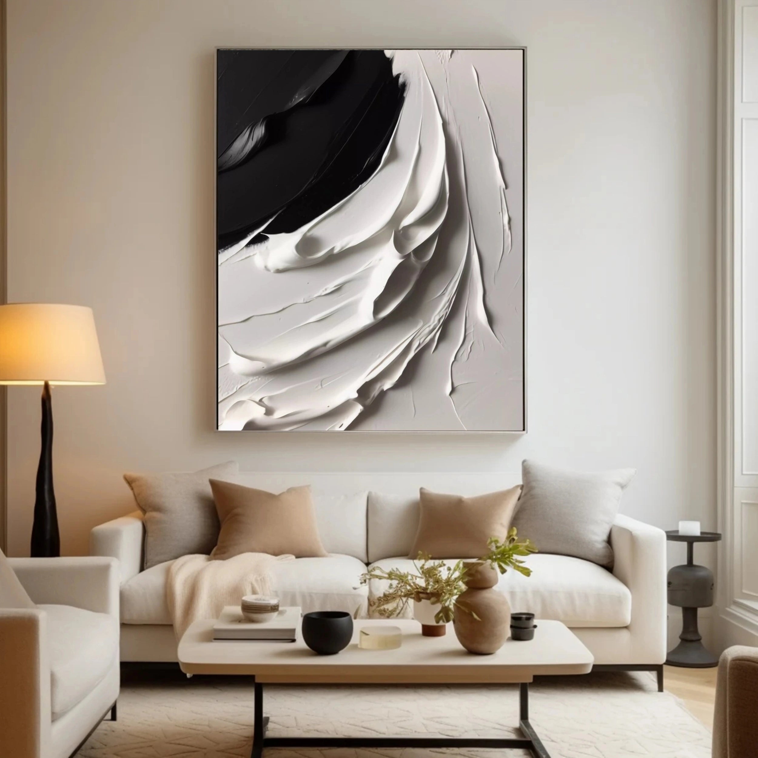 White & Black Minimalist Textured Canvas Wall Art Painting - Modern Abstract Home Decor for Living Room, Bedroom & Office | #MM141