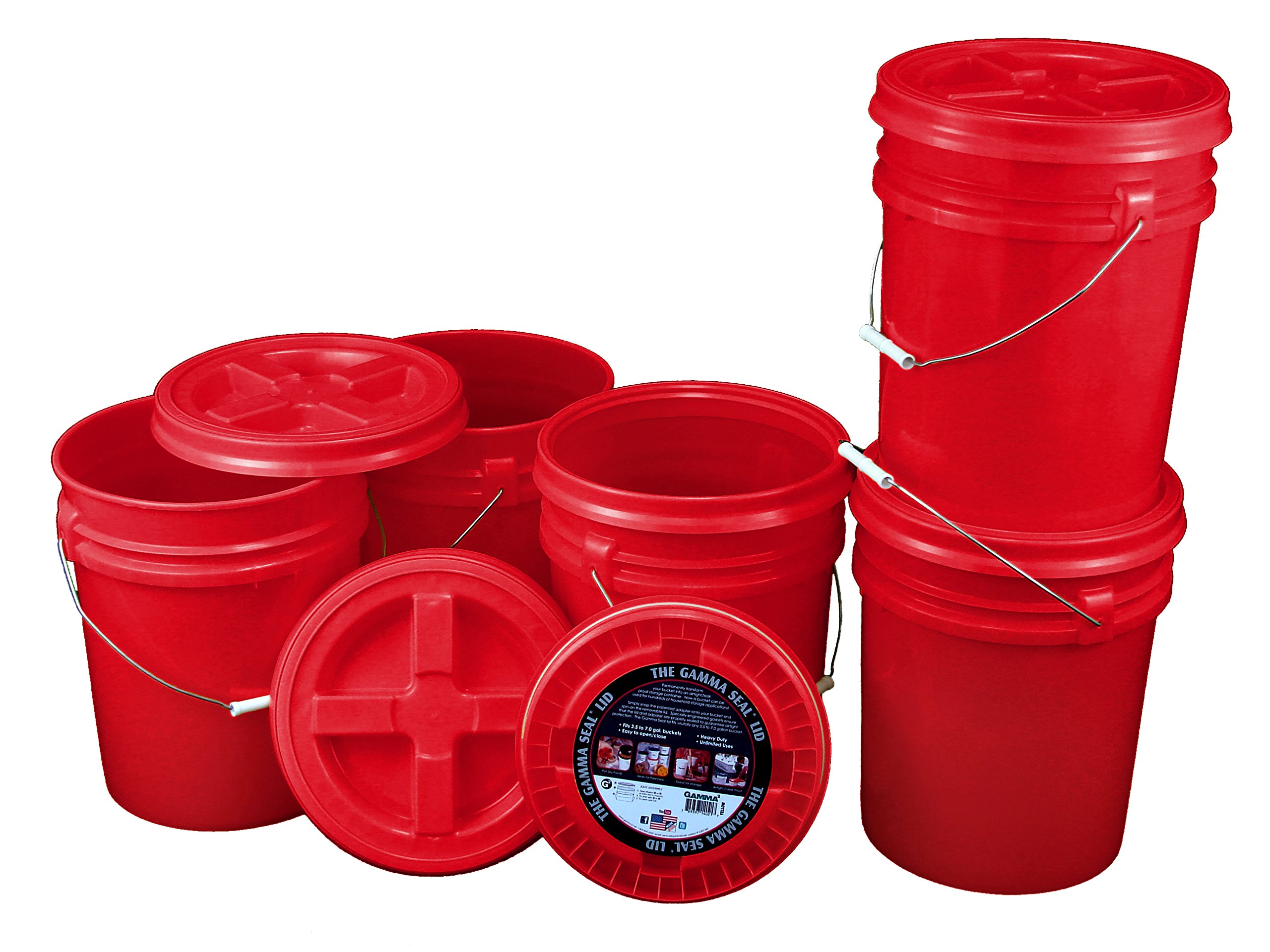 5 Gallon Buckets with Gamma Seal Lids - Heavy Duty 90 Mil Red Plastic Pails for Food Storage, Home Organization & Emergency Prep - Set of 5