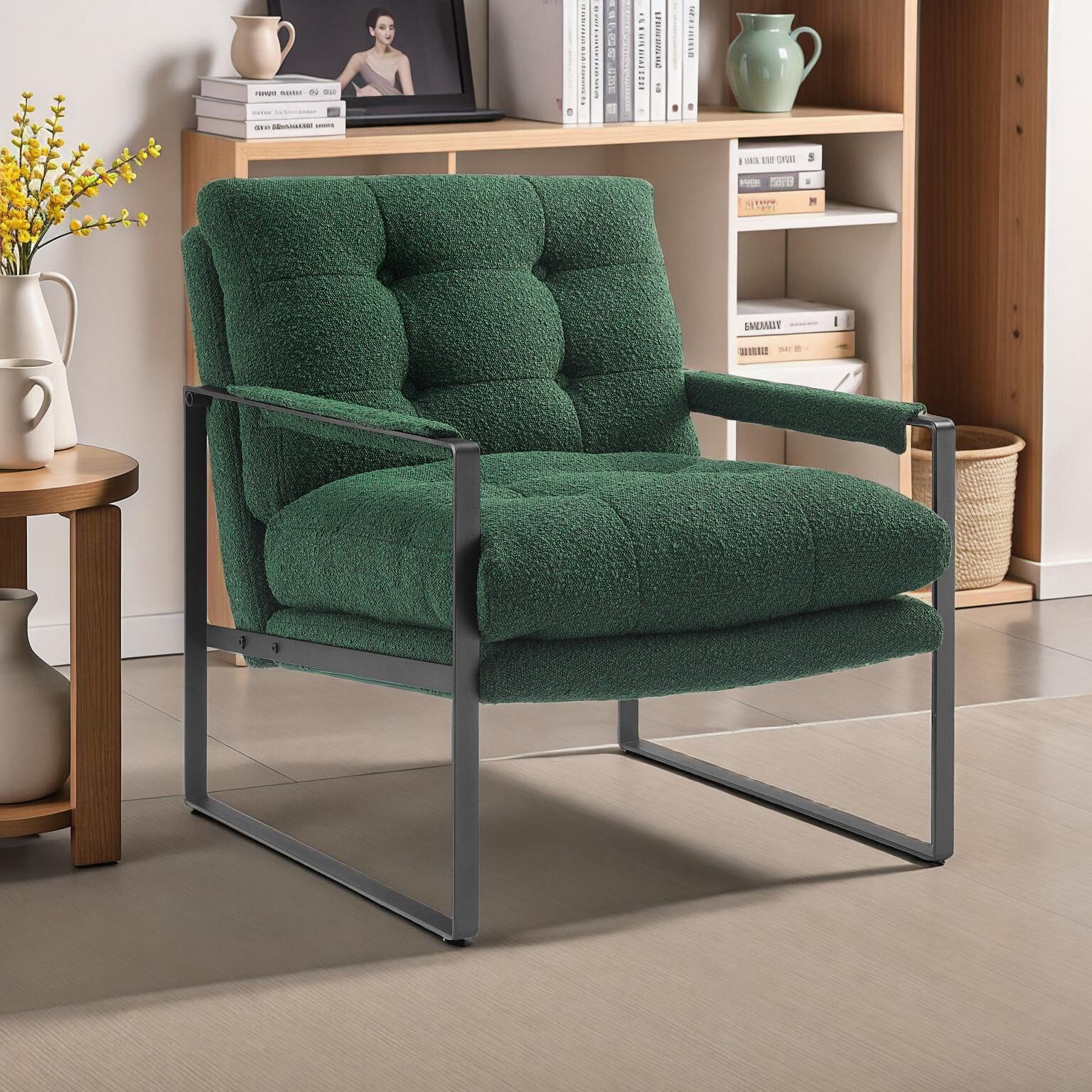 Mid Century Modern Accent Chair - Fat Ant Comfy Boucle Fabric Lounge Chair with Cushions, Sturdy Metal Frame Armchair for Living Room, Bedroom & Reading Nook (Green) - Perfect for Relaxing, Reading & Home Decor