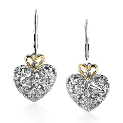 14K Yellow Gold & Sterling Silver Intricate Filigree Heart Drop Earrings for Women - Elegant Dangle Jewelry Gift for Valentine's Day, Anniversary & Special Occasions