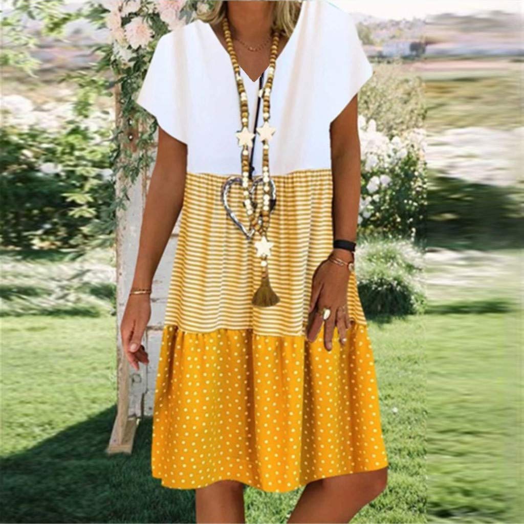 RKSTN Women's Summer Casual Loose Midi Dress - Striped Dot Patchwork Plus Size Flowy Dress for Beach, Vacation & Everyday Wear