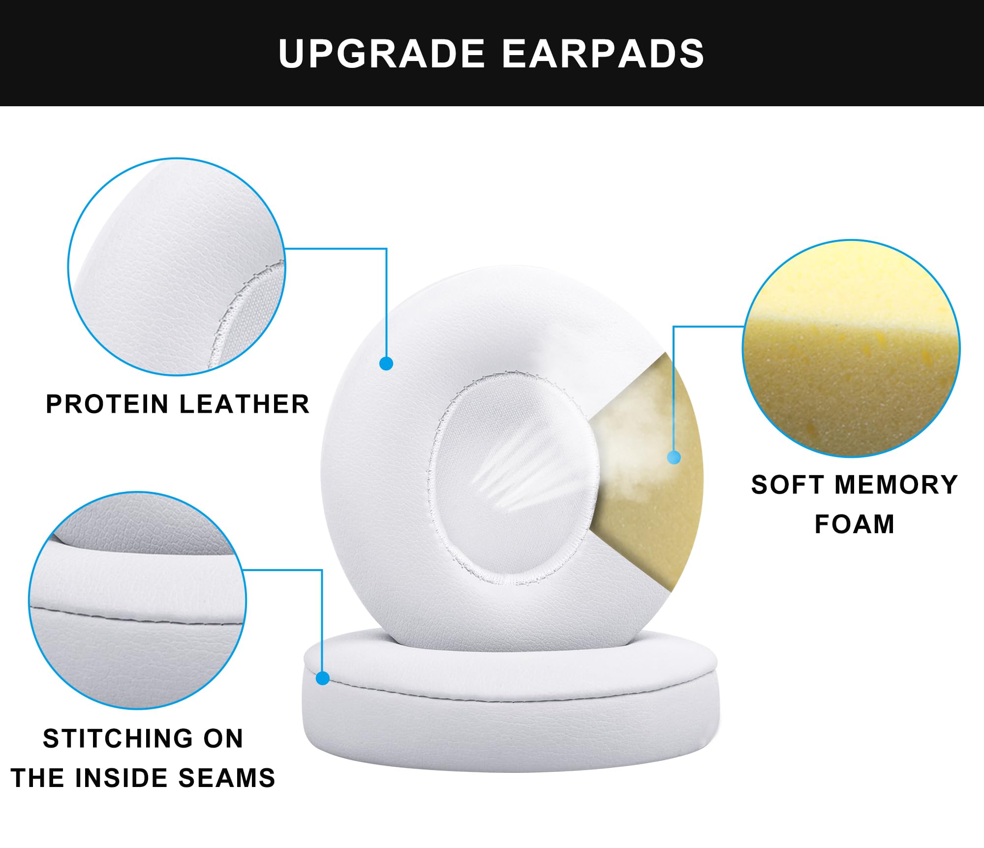 Premium Memory Foam Replacement Earpads for Beats Solo 2 & Solo 3 Headphones - Soft Comfortable Ear Cushions Cover (White) - Perfect for Gaming, Music & Travel Use