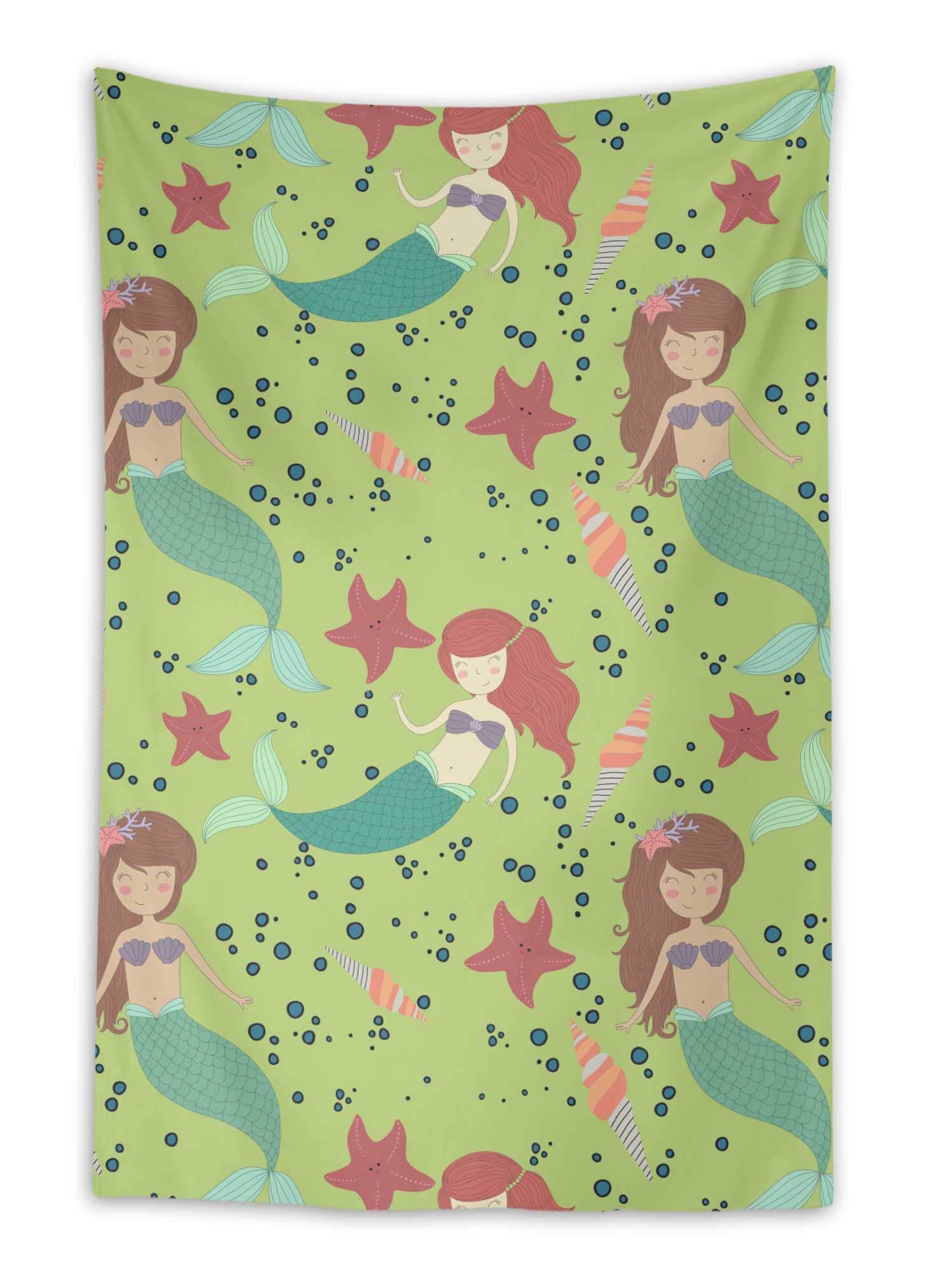 Stylish Green Mermaid & Starfish Ocean Wall Hanging Tapestry - 58 x 80 Inches Printed Boho Decor for Living Room, Bedroom, or Beach House