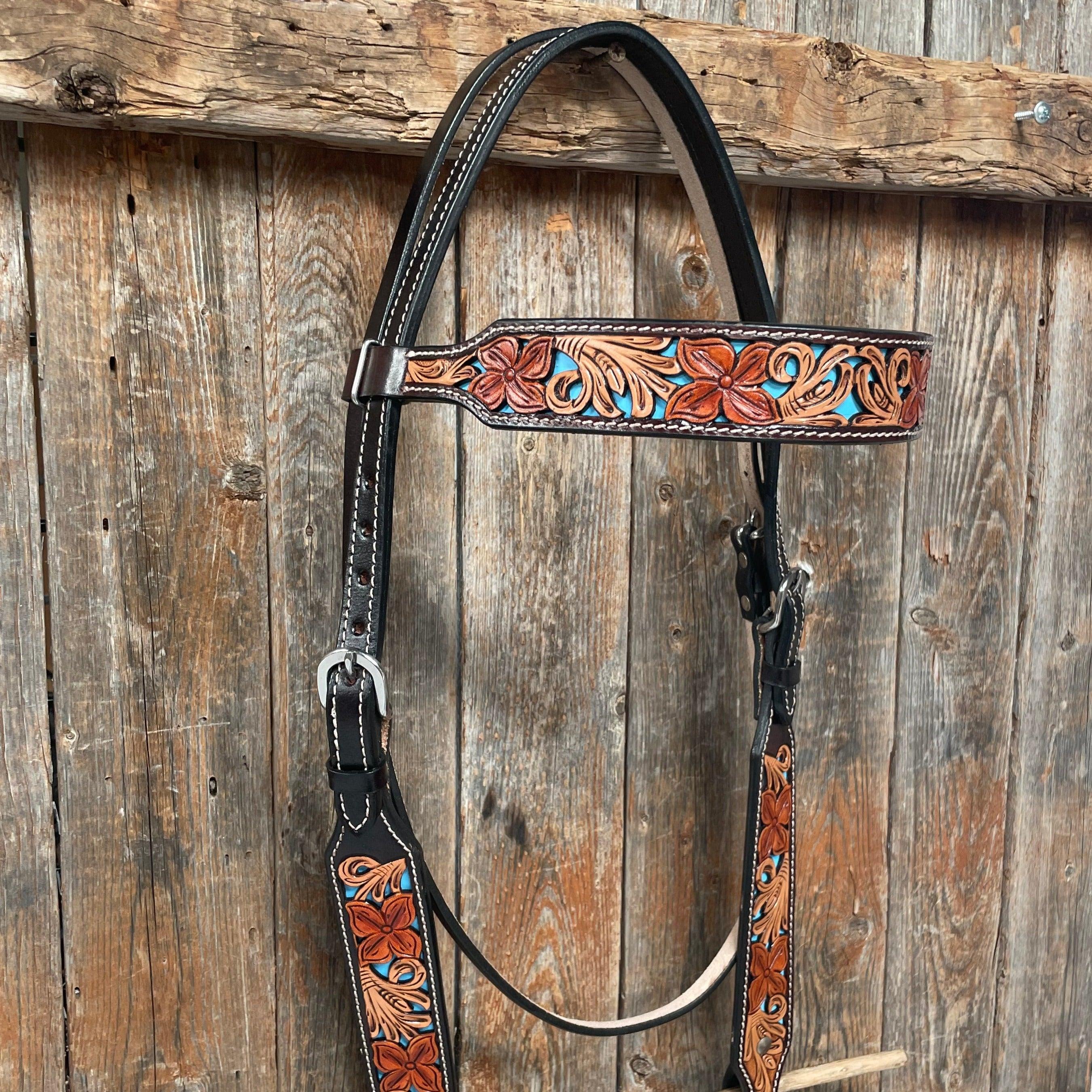 Premium Dark Oil Blue Inlay Browband Headstall Bridle for Horses - Western & English Riding, Show & Trail Use - Model #FK104