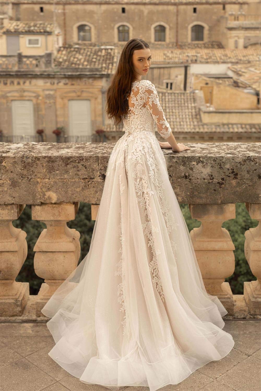 Elegant Lace Beach Wedding Dresses for Women - Long Sleeve A-Line Church Bridal Gown in Ivory - Perfect for Beach Ceremonies, Garden Weddings & Formal Church Events (Size 8)