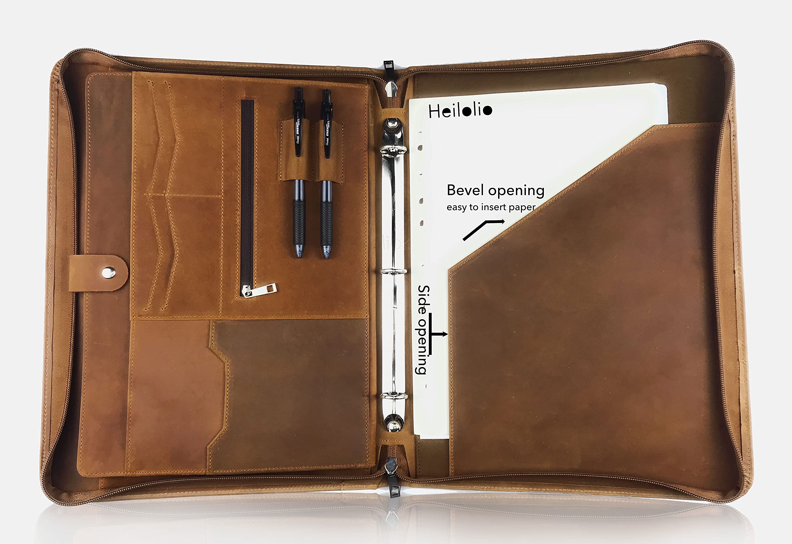 Premium Custom Engraved Genuine Leather Portfolio for Men & Women - 3-Ring Zipper Binder Holds 13