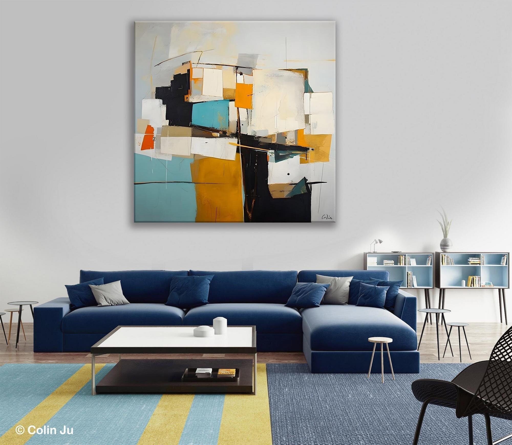 Modern Abstract Canvas Wall Art - Hand Painted Geometric Acrylic Painting - Large Contemporary Artwork for Living Room, Bedroom & Office Decor
