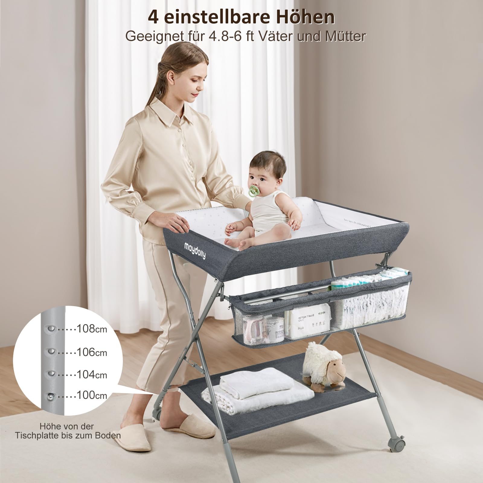 Maydolly Foldable Baby Changing Table with Wheels, Waterproof & Height Adjustable, Mobile Diaper Station with Storage Shelves (Dark Gray) - Perfect for Nursery, Bedroom, or On-the-Go Baby Care
