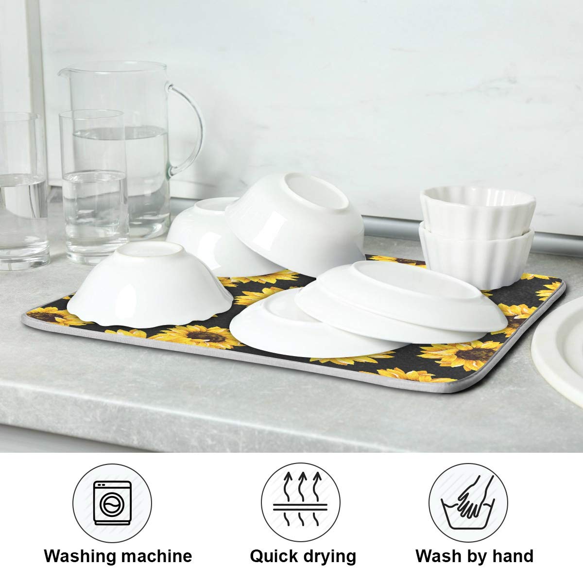Sunflower Dish Drying Mat - Absorbent Microfiber Kitchen Pad (16x18