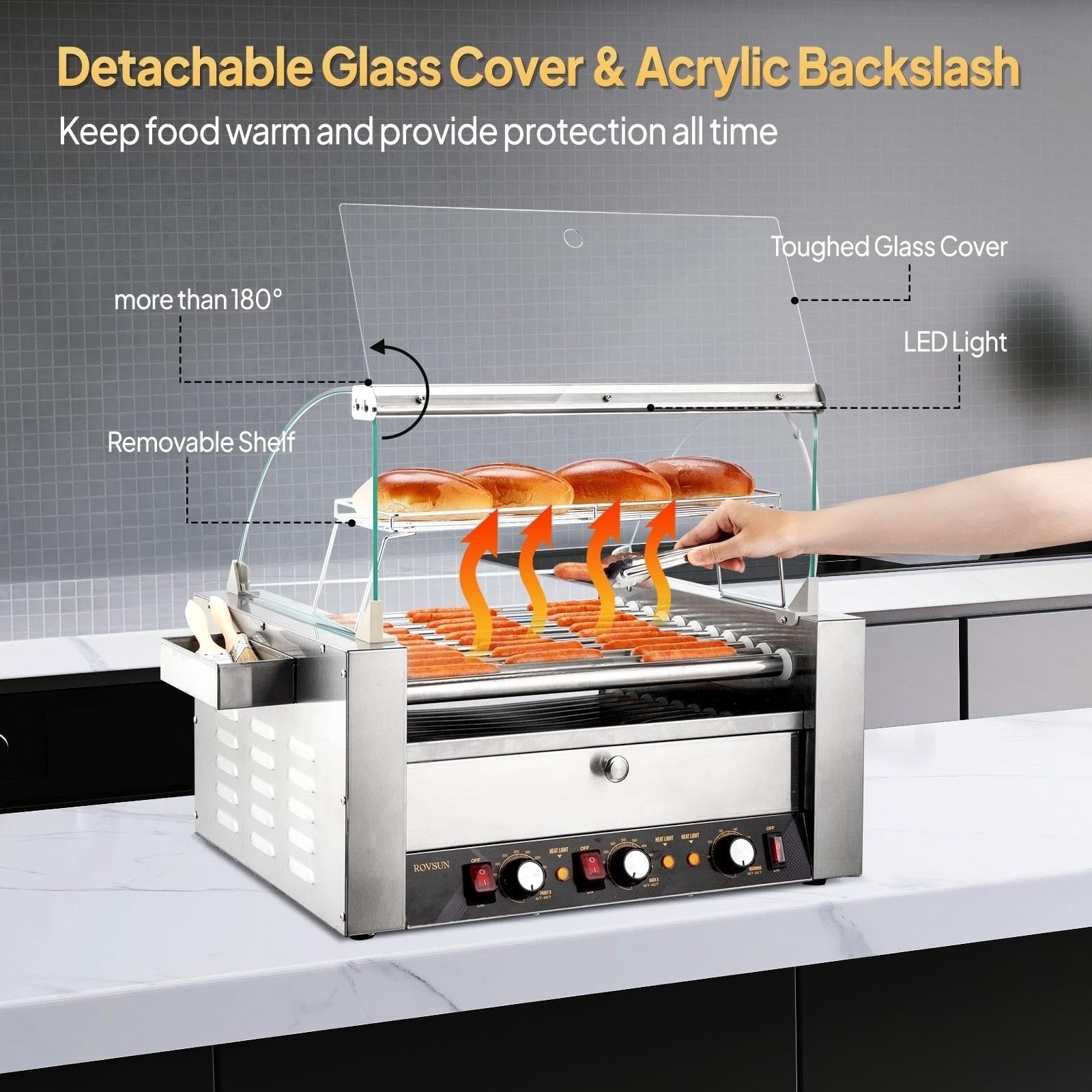 ROVSUN 11-Roller Commercial Hot Dog Roller Grill Machine with Bun Warmer - 2000W ETL-Certified, Dual Temperature Control, LED Light, Removable Shelf & Drip Tray - Perfect for Parties, Home Use, and Food Trucks